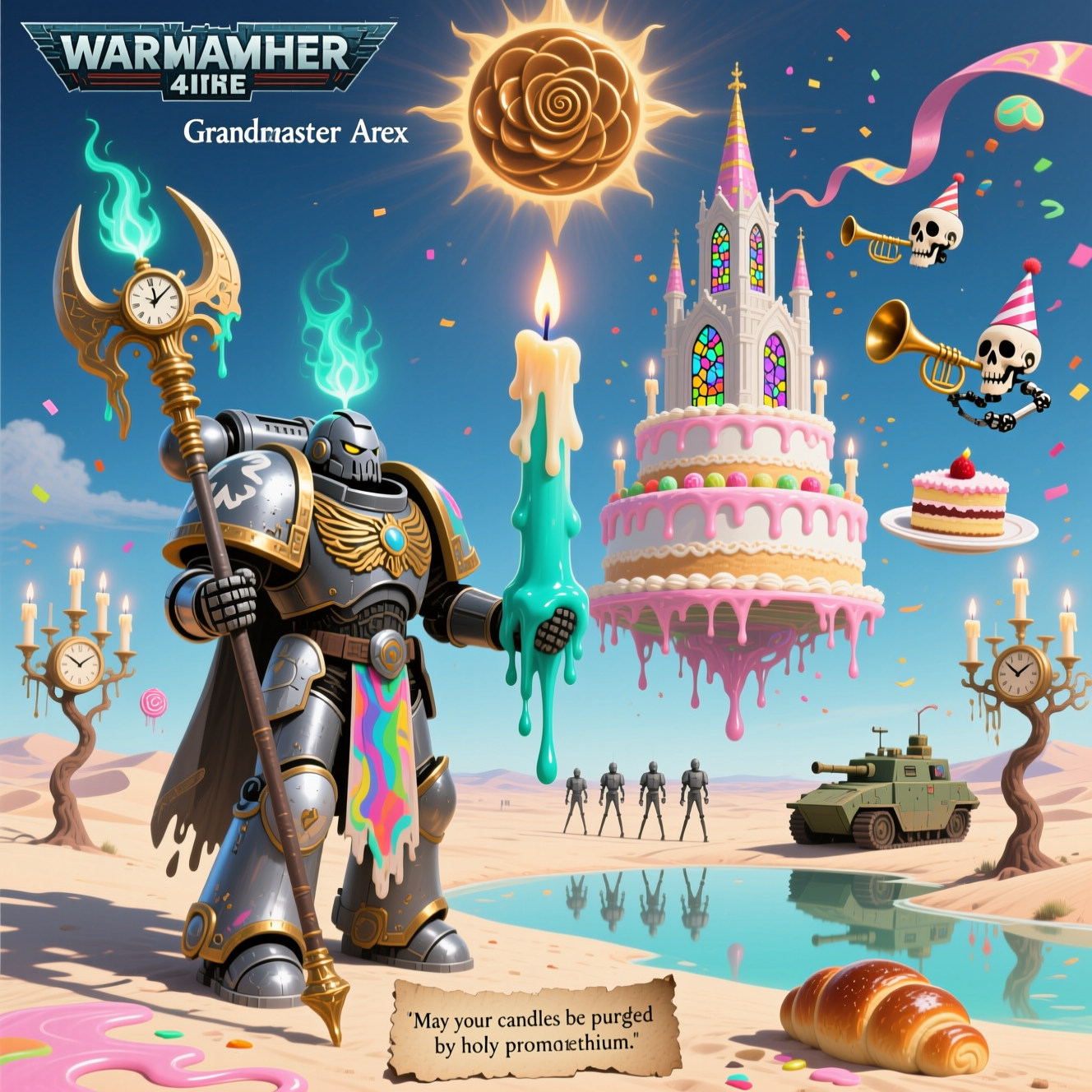 At the top of the Surreal Style image, "Happy Birthday Grandmaster Arex"

Dali-inspired, dreamlike surrealism set in an endless alabaster desert with long, melted shadows. Center frame: a towering Warhammer 40K Grey Knights Grand Master in gleaming argent armor, reflections warping into candy-colors. His Nemesis halberd morphs into a gigantic birthday candle, wax drooping like melting clocks; a teal warp-flame flickers into tiny inquisitorial rosette shapes. Behind him floats a tiered cathedral-cake fortress: stained-glass windows of sugared glass, flying buttresses soft like taffy, spires made of candles sagging with glowing wicks. In the sky, a colossal caramel-brass Inquisition rosette acts as an eclipsed sun, its rays stretching into ribbon banners that melt into purity-seal streamers; they drift down as confetti. Cheerful servo-skulls orbit in crooked party hats, one tooting a tiny horn, others balancing slices of sanctified cake on parchment plates. Distant Grey Knights stride on elongated legs like bronze stilts, their shadows pooling into reflective frosting lagoons; a Land Raider-shaped loaf rolls lazily across the horizon like a brioche tank. Candelabra trees sprout clock-faces replaced by wax stamps, drooping and dripping into mirrored dunes. Colors: luminous chrome, holy gold, warp-teal glows, pastel icing pinks; ethereal god-rays, soft volumetric haze, painterly brush texture, ultra-detailed, wide-angle, centered composition, playful, absurd, celebratory, no gore.

At the bottom in a tiny parchment scroll caption, one cheeky line: "May your candles be purged by holy promethium."
Generated with these themes: Warhammer 40K Grey Knights, Inquisition, and .
Made with ❤️ by AI.