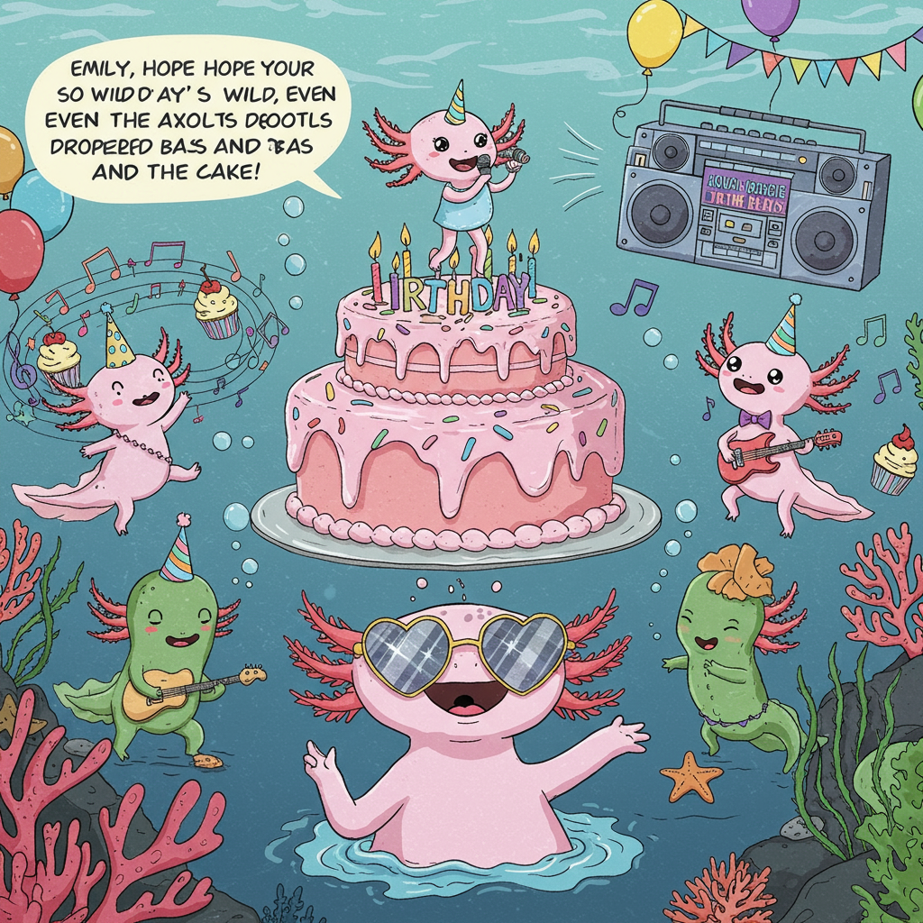 **Image Prompt:**
An underwater birthday party scene in a vibrant, whimsical illustration style. In the center, a pink-frosted, oversized birthday cake is balanced precariously on the head of a wide-eyed axolotl wearing disco sunglasses. The cake has rainbow sprinkles and is topped with a tiny, dancing unicorn holding a microphone and singing into it like a pop star. Musical notes and floating cupcakes swirl through the bubbly water, carried on a groovy current. Around them, other axolotls boogie in tutus and bowties while seaweed plays air guitar like a band. A floating boom box blares party music with “Aqua Boogie Birthday Beats!” written on it in neon coral.
**At the top of the illustration image:**
🎂 “Emily, hope your birthday's so wild, even the axolotls dropped the bass AND the cake!” 🎶
Generated with these themes: Axolotyl, Cake, Music, and Unicorn .
Made with ❤️ by AI.