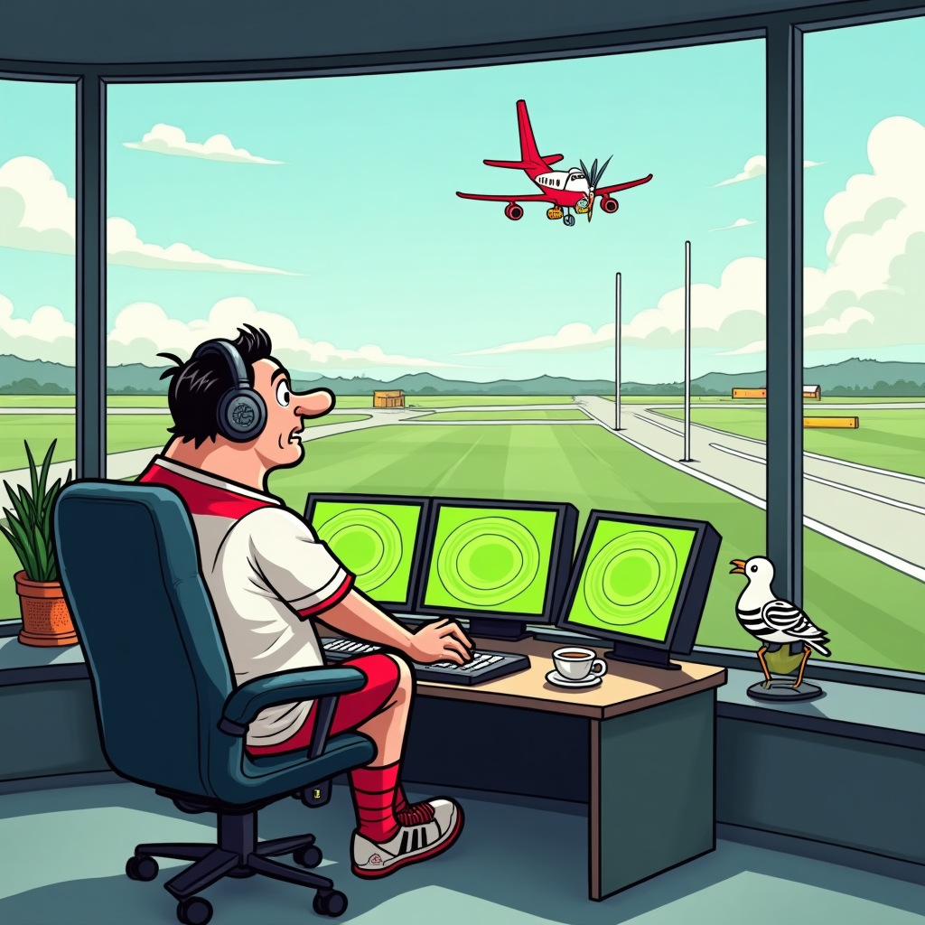 At the top of the Cartoon Style image, Good luck

Playful, funny cartoon scene inside a quiet air traffic control tower. Central focus: a big-headed, goofy air traffic controller sitting cross‑legged in an oversized swivel chair, wearing a white rugby jersey with bold red accents and an outsized headset. Thick black outlines, exaggerated proportions, bright saturated colors, and bouncy, energetic posing.

In front of them, chunky consoles glow with lime-green radar screens where the blips are rugby-ball shaped, leaving swooshy trails. Through the huge wraparound windows, the runway looks like a rugby pitch: crisp green, painted lines, and towering white goalposts at the far end. A small cartoon airplane wearing a scrum cap lines up for a “conversion,” tongue out in comic concentration. A cheeky seagull in referee stripes hovers to one side, raising a tiny flag. The room feels peacefully quiet: soft light, tidy panels, a little potted plant, and a gently steaming cup, with whimsical motion lines adding energy without breaking the hush.

Add a small hand-lettered caption at the bottom: Clear skies and clean tries!

Style notes: playful cartoon aesthetic, thick outlines, glossy highlights, punchy reds and whites for rugby elements, sky blues and teals, runway greens, warm golden accents. No other legible text.
Generated with these themes: Sitting in Quiet Air traffic control tower, English rugby, , and .
Made with ❤️ by AI.