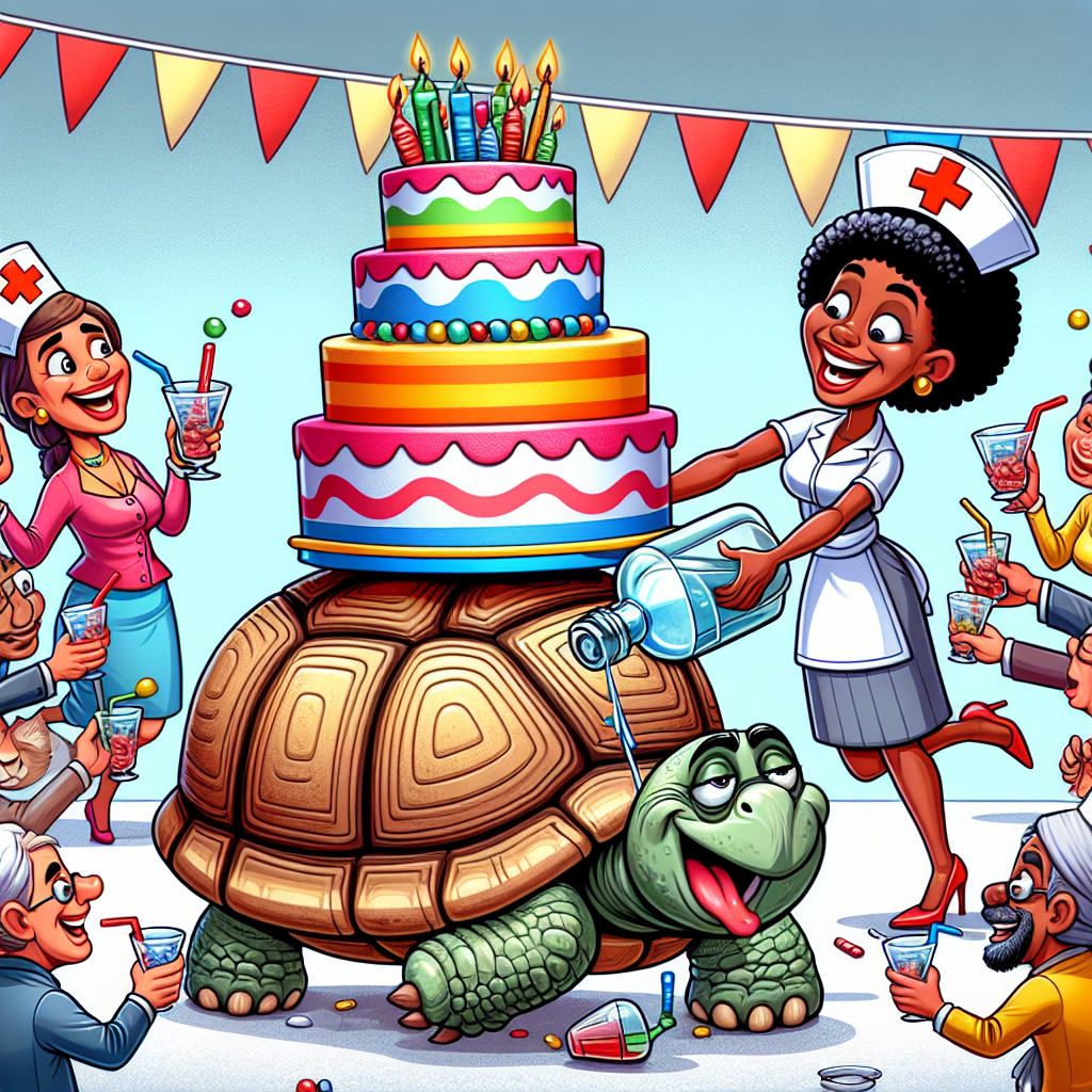 Create a comical and brightly colored cartoon scene of a birthday celebration. The focal point is a grinning tortoise in the middle, fashionably sporting a petite nurse hat, skillfully maintaining the equilibrium of a large, multicolored birthday cake on its back. Surrounding it, attendees of diverse descents and genders are having a hearty laugh as a quirky nurse character of African descent tries to serve gin into their cups from a disproportionately large bottle. However, she repeatedly misses her aim due to the tortoise's lethargically inconsistent motions.
Generated with these themes: Nurse, Tortoise, Gin, and Cake .
Made with ❤️ by AI.