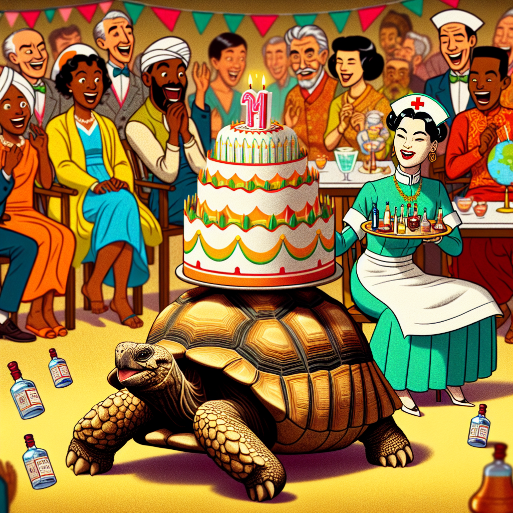 Imagine a kooky cartoon scene set during a birthday celebration. The focal point is a tortoise elegantly dressed as a playful nurse, serving as the guest of honor. This reptile sits patiently, bearing a massive, tantalizing birthday cake on its shell. In the background, a female character of South Asian descent, elegantly dressed in nurse attire, is delighting guests by skillfully juggling petite bottles of gin. The onlookers, a diverse collection of excited characters including Black and Middle-Eastern males and females, titter with laughter, thoroughly enjoying the humor of this 'shell-shock' party.
Generated with these themes: Nurse, Tortoise, Gin, and Cake .
Made with ❤️ by AI.