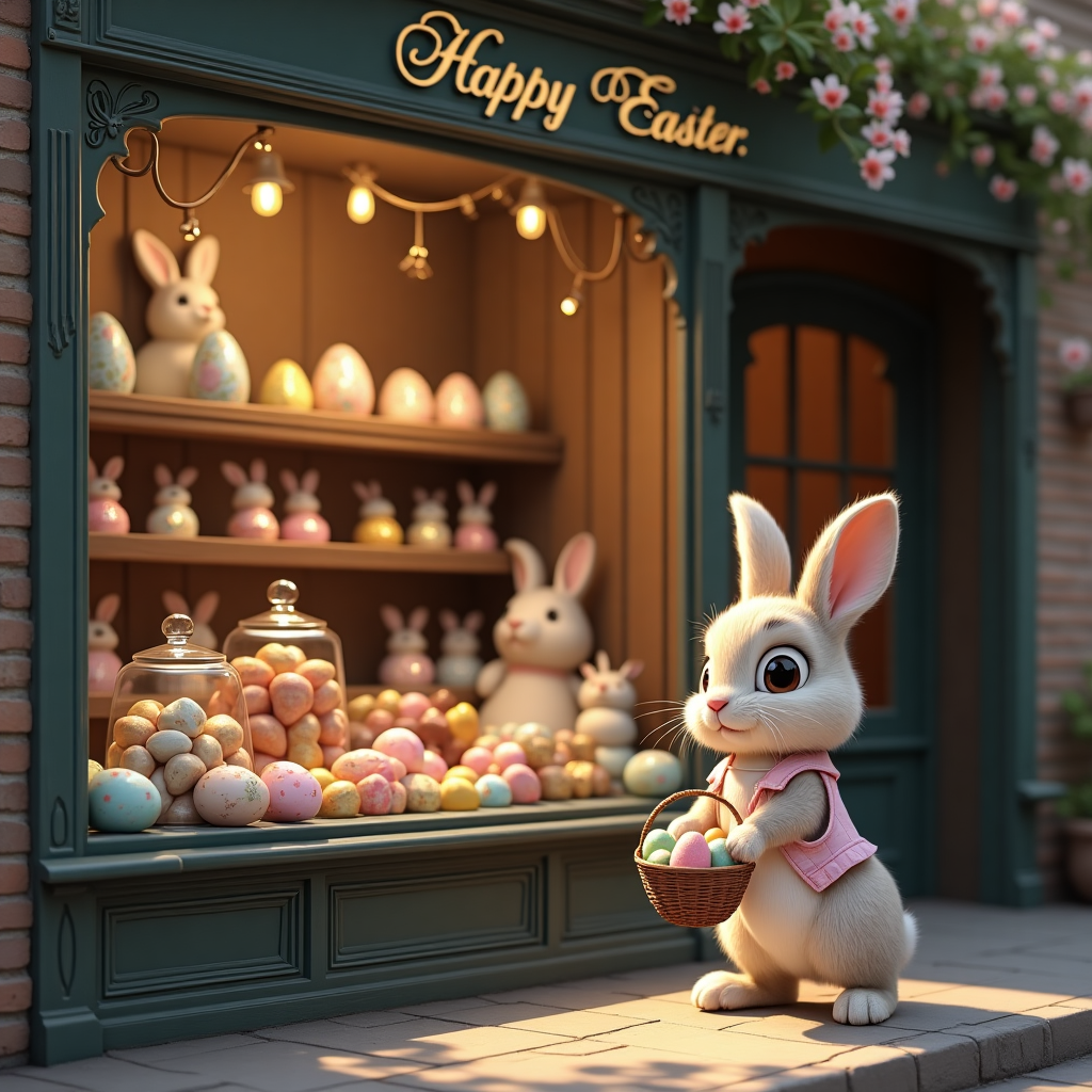 **Prompt for AI Image Generation (Realistic Photograph Style):**  
A heart-meltingly cute Easter bunny with big, glistening eyes and soft, fluffy fur stands on its hind legs outside a charming old-fashioned chocolate shop. The bunny is wearing a little pastel vest and carries a small wicker basket filled with colorful painted eggs. The vintage-style shop window is packed with an array of exquisite Easter chocolates, shimmering foil-wrapped eggs, and bunny-shaped confections stacked in ornate glass jars. The storefront is made of worn brick and dark wood, with curling wrought-iron signage that reads "Happy Easter" in elegant hand-painted lettering above the window. Warm sunlight filters through the spring blossoms, casting soft shadows. The bunny gazes dreamily into the shop window, captivated by the treats inside. The mood is sweet, nostalgic, and delightfully whimsical.
Generated with these themes: Cute Easter bunny with big cute eyes, Old fashioned style chocolate shop full of Easter eggs, Easter bunny carrying a basket and looking in the window of the chocolate shop, and Happy Easter written on the shop.
Made with ❤️ by AI.