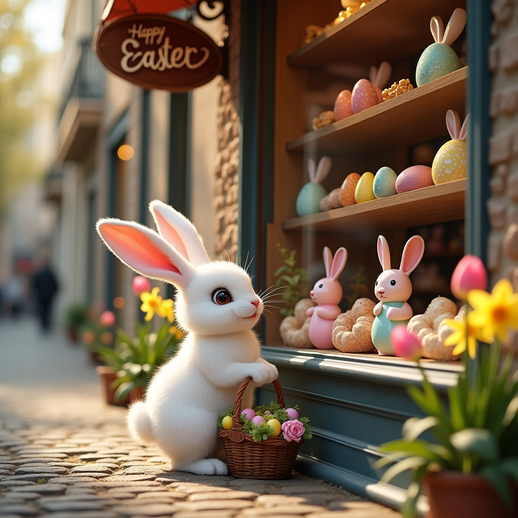 **Image Prompt (Realistic Photograph Style, Cute Mood):**

A heart-meltingly cute Easter bunny with big, expressive eyes and fluffy white fur, standing on its hind legs outside a charming, old-fashioned chocolate shop. The bunny is holding a woven basket filled with colorful Easter eggs and spring flowers. It gazes eagerly through the antique glass window of the shop, which is overflowing with ornate shelves displaying intricately wrapped chocolate eggs, bunny-shaped truffles, and pastel confections. The shop has a vintage wooden sign above the window with elegant hand-painted lettering that reads "Happy Easter." Warm sunlight bathes the cobblestone street and reflects gently off the window, casting a soft, inviting glow over the scene. A few tulips and daffodils bloom at the shopfront, adding a springtime flourish.
Generated with these themes: Cute Easter bunny with big cute eyes, Old fashioned style chocolate shop full of Easter eggs, Easter bunny carrying a basket and looking in the window of the chocolate shop, and Happy Easter written on the shop.
Made with ❤️ by AI.