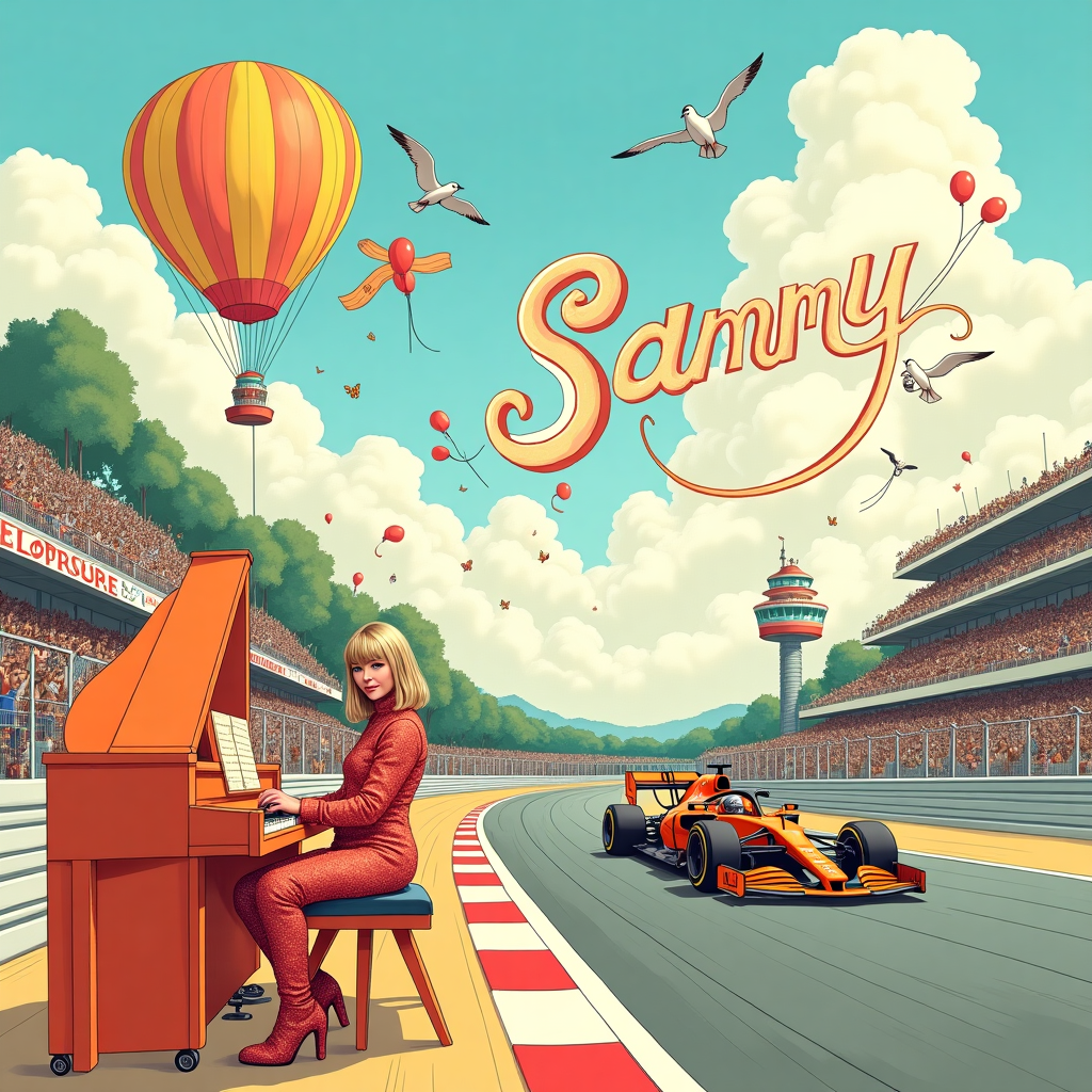 In a whimsical and vibrant illustration, a delightful scene unfolds on a sun-dappled racetrack where imagination knows no bounds. In the foreground, Taylor Swift is seated at a grand piano, her fingers gracefully dancing over the keys, causing musical notes to flutter into the air like butterflies. She's dressed in a playful combination of glittering racing overalls and her signature sparkly boots, with a mischievous smile that hints at a secret plan. Her piano, painted in McLaren’s iconic papaya orange, features racing stripes that gleam under the sunlight.

Zooming by in the background, Lando Norris, dressed in his McLaren racing suit, is depicted mid-victory wave as he speeds past in his Formula 1 car. The car, a spectacle of speed, has colorful balloons tied to its spoiler, adding a festive touch as they bob wildly in the wind. The grandstands are filled with cheering miniature animals—a nod to Beatrix Potter—each one holding tiny flags with musical notes, echoing the melody from Taylor's piano.

Above this enchanting chaos, the sky is a swirl of pastel hues where fluffy clouds shape the name "Sammy" in bold, curly letters, almost like a skywriter has left a special birthday message. A playful seagull perched on one of the cloud letters sports a tiny racing helmet. In the distance, a giant birthday cake-shaped hot air balloon drifts gently across the sky, its layers resembling a towering stack of vinyl records, hinting at Taylor's musical legacy.

Nestled at the edge of the racetrack, a charming little stand offers "Pit Stop Pies" and "Swift Swirl Ice Cream," drawing a queue of eager racetrack animals and fans, their excitement captured with the lively, kinetic lines reminiscent of Quentin Blake. This scene tells a story of a fantastical day where music and motorsport create a symphony of celebration, ensuring Sammy's birthday is unforgettable.
Generated with these themes: Taylor Swift playing, and Lando Norris McLaren winning Grand Prix.
Made with ❤️ by AI.