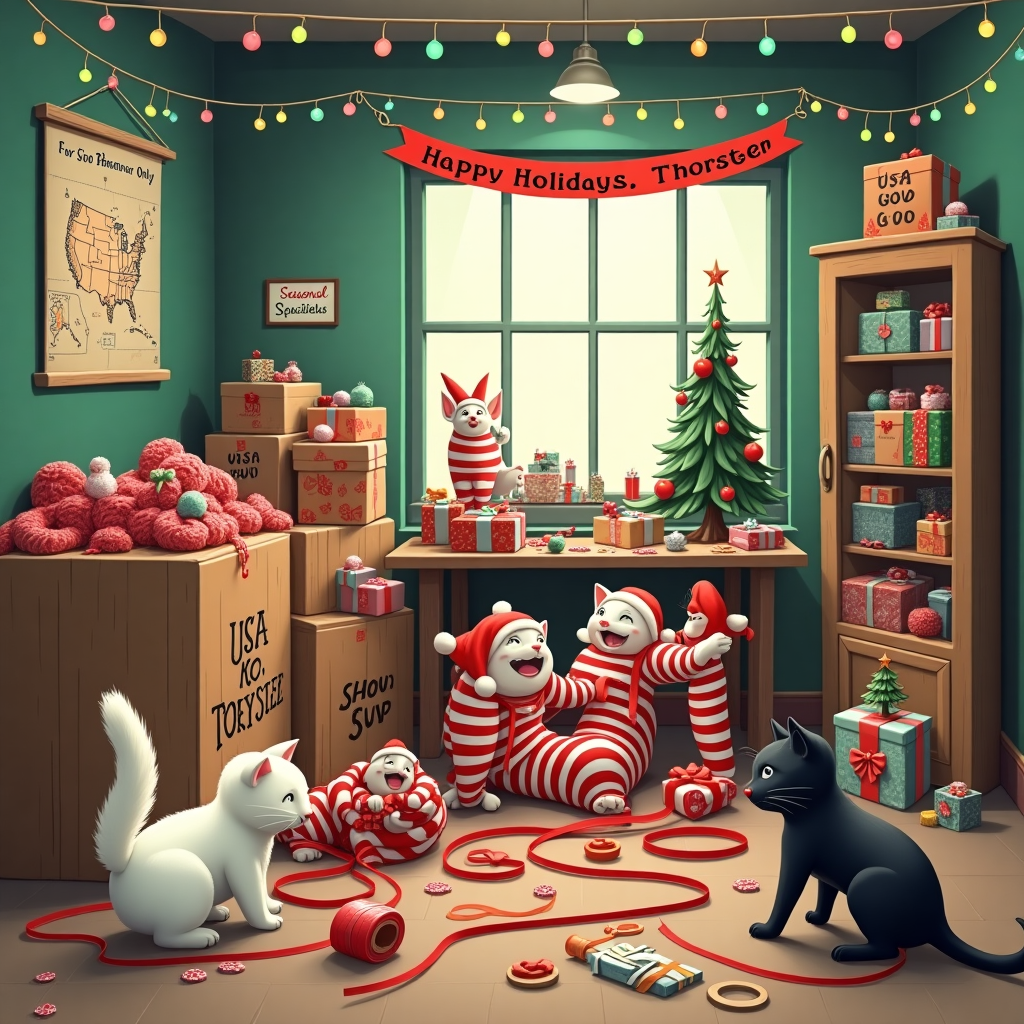 In this whimsically cheeky Christmas scene, we find ourselves in a festive yet unconventional warehouse filled with colorful chaos. The setting is a bustling room with a high ceiling adorned with string lights that twinkle like stars. In the foreground, two cats, one white with a fluffy tail and the other sleek and black, are playfully batting at a roll of red ribbon, causing it to unravel across the floor. To the left, a large wooden shipping crate stamped with "USA to Germany" stands open, with a variety of oddly shaped parcels peeking out. Each parcel is wrapped in bright holiday paper featuring a mix of candy canes and baubles. 

Nearby, a stack of striped prisoner uniforms in various sizes are humorously laid out, each topped with a Santa hat. A set of fluffy, oversized handcuffs hang from a hook, and beneath them, a small sign reads "For Good Behavior Only" in a playful font. Above the scene, hanging from the rafters, is a large banner with "Happy Holidays, Thorsten" written in bold, cheerful letters. 

In the center, two elves dressed in festive prisoner garb are humorously tangled in a giant roll of packing tape, their cheeks rosy with laughter. They appear to be attempting to wrap a giant parcel, and in the midst of their antics, a few items have escaped: a bobble-covered leash and a shiny red ball gag that has rolled under the table. Behind them, an array of BDSM-themed toys, safely secured in a glass cabinet labeled "Seasonal Specialties," adds a touch of cheeky holiday humor.

In the background, an illustrated map on the wall shows a whimsical route from the USA to Germany, marked by a dotted line with small illustrations of Santa hats and snowflakes along the way. On the windowsill, a small Christmas tree decorated with miniature handcuffs and tiny prisoner uniforms shines softly, its base surrounded by gift boxes addressed to "Thorsten," each parcel promising a story as adventurous and unique as the scene itself.
Generated with these themes: Prisoner Uniforms, Handcuffs, Bob Barker Prisoner Uniforms, Humane Restraints, BDSM Kink Play, Import Export from USA to Germany, Packaging parcels, Shipping parcels, and Two cats, one white, one black.
Made with ❤️ by AI.