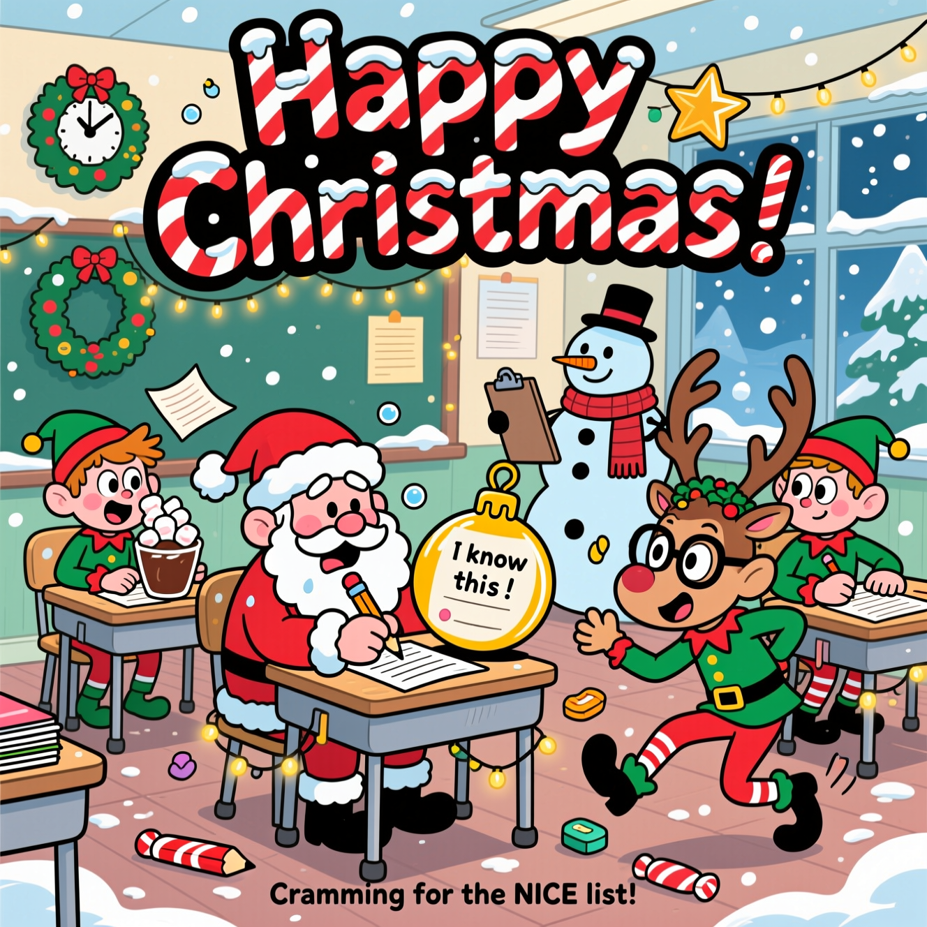 At the top of the Cartoon Style image, the text "Happy Christmas" in big candy-cane striped letters with snowy frosting and a chunky black outline.

Playful, funny Christmas cartoon scene with exaggerated characters, thick outlines, bright saturated colors, and energetic poses: A festive exam hall where Santa is hilariously squeezed into a teeny school desk, sweating comically as he bubbles answers on an oversized ornament-shaped answer sheet with a candy-cane pencil. Three zippy elves cram at nearby desks, notes flying like snowflakes; one gulps cocoa with giant marshmallows, another peeks over a towering stack of notes, eyes wide. A bespectacled reindeer with tinsel-tangled antlers furiously scribbles, one hoof raised mid-“I know this!” while fairy lights bounce off its glasses. In the back, a stern snowman invigilator in a scarf patrols with a clipboard, coal eyebrows arched. The room sparkles with festive touches: wreath-shaped clock edging toward midnight, twinkly lights draped over desks, snow drifting past frosted windows, star-shaped erasers and candy wrappers on the floor. Exaggerated proportions, big expressive eyes and rosy cheeks, thick black outlines, bold reds/greens/icy blues/gold accents, simple cel shading and lively motion lines for a whimsical, high-energy vibe.

At the bottom of the image, a small cheeky caption reads: "Cramming for the NICE list!"

No other readable text.
Generated with these themes: Exams, and .
Made with ❤️ by AI.