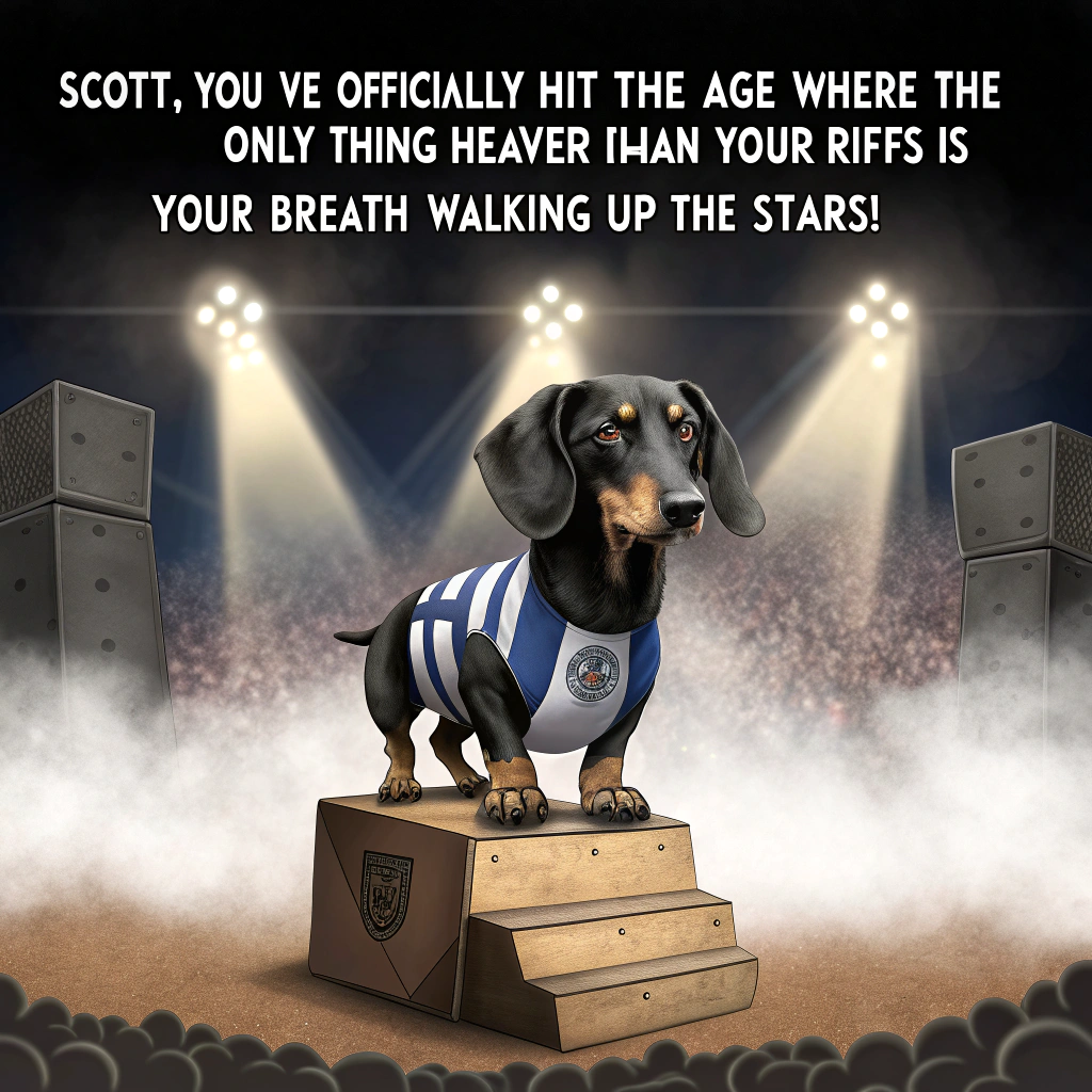 At the top of the image, "Scott, you’ve officially hit the age where the only thing heavier than your riffs is your breath walking up the stairs!"

— The image is a realistic, humorous photograph: A dachshund wearing a tiny Tranmere Rovers football jersey, standing heroically on a miniature stage with dramatic lighting. Behind him is a mock concert backdrop styled like a Linkin Park gig, complete with tiny smoke machines and cardboard crowd cutouts holding signs like “Dads Rock Harder!” and “One Paw Closer to 50!”

— A slightly disheveled dad (meant to resemble Scott), wearing Tranmere Rovers socks, holds a toy microphone and dramatically lip-syncs into it while perched on a garden chair like he’s onstage. Next to him is a chalkboard with a pun written on it: “I tried so hard… to not make a dad joke… but in the end, it doesn’t even matter.”

— Background details include birthday balloons shaped like guitars and sausages, a tiny speaker blaring imaginary rock music, and party hats with band logos redesigned to look like dachshund faces.
Generated with these themes: Linkin Park, Dad Jokes, Dachshund, and Tranmere Rovers Football club .
Made with ❤️ by AI.