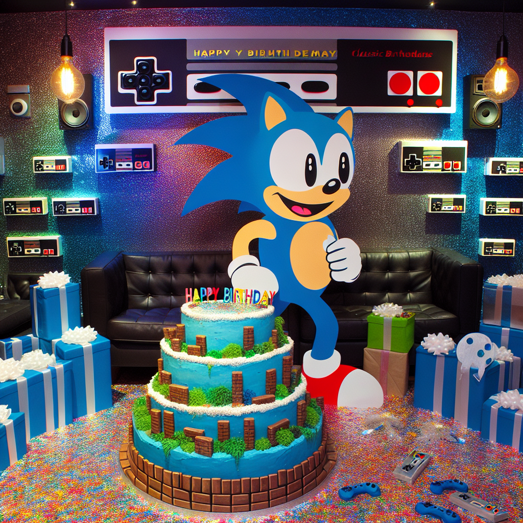 In a room filled with confetti, an energized birthday atmosphere is conveyed by vintage video game consoles and controllers hanging on the walls. In the center of the room, a life-size cutout stands, visually akin to a speedy woodland creature in a vibrant shade of blue. This figure stands smiling next to a pile of gifts. The birthday cake is a three-tiered extravaganza, with each layer artistically created to reflect the various levels reminiscent of a classic fast-paced platformer game. The cake is crowned with a classic 'Happy Birthday' message in a font reminiscent of a renowned 80s video gaming company.
Generated with these themes: Retro gaming, Sega, and Sonic the hedgehog.
Made with ❤️ by AI.