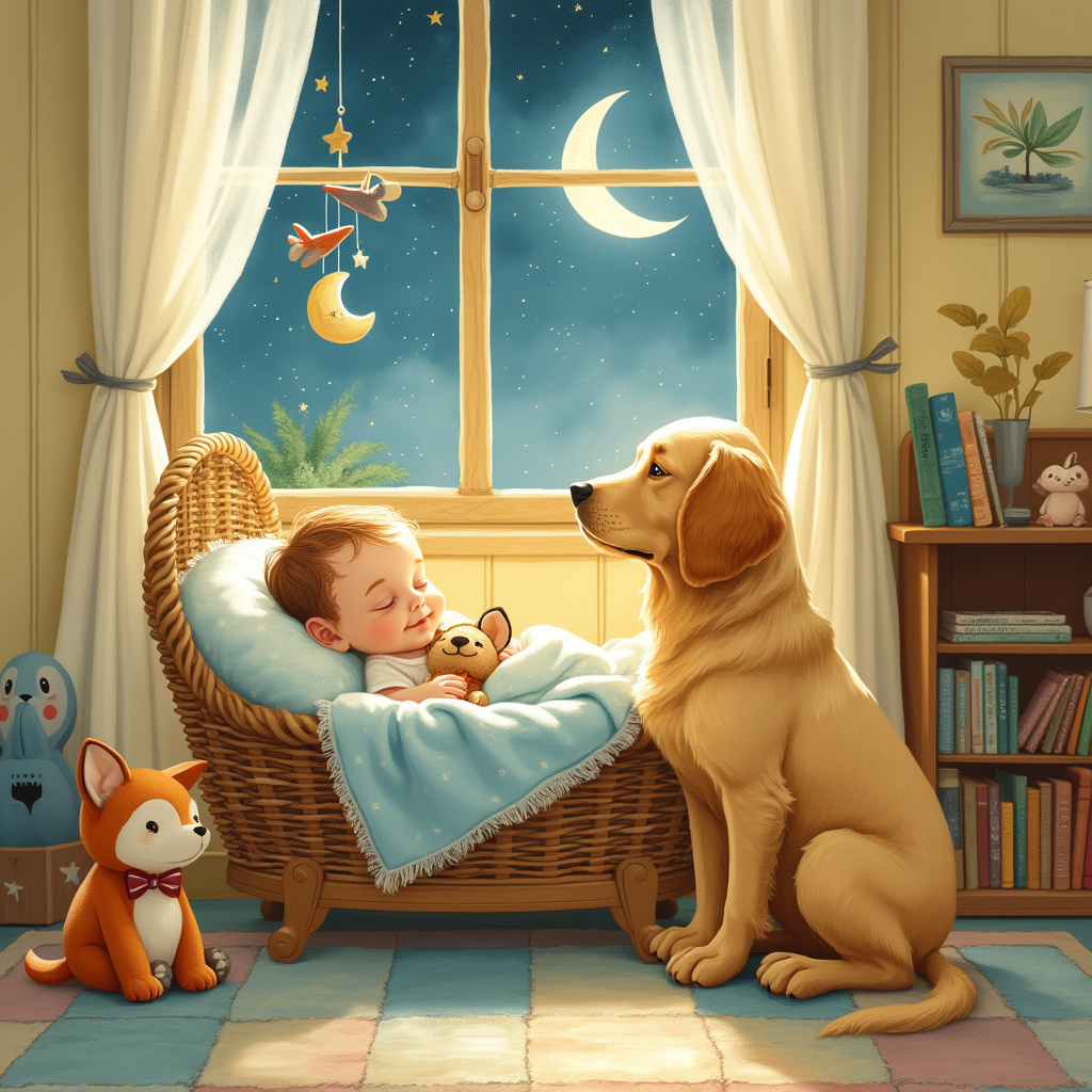 In the center of this enchanting illustration, we find a cozy nursery bathed in the soft glow of a moonbeam streaming through a slightly ajar window, where tiny, silvery stars can be seen twinkling in the night sky. A gentle breeze makes the gossamer white curtains flutter gently, adding a whimsical touch to the room. Nestled in a vintage-style wicker bassinet, lined with a powder-blue blanket adorned with delicate cloud patterns, a cherubic newborn baby sleeps peacefully. The baby's tiny fingers are curled around a plush toy—a small, floppy-eared dog with an oversized, lovingly stitched smile, reminiscent of Beatrix Potter's animal characters. 

Nearby, sitting vigilantly on an intricately woven patchwork rug, is a real dog—a golden retriever with soulful eyes and a nose speckled with freckles. The dog, with a slight tilt to its head and one ear perked up, looks over the bassinet with an expression of gentle curiosity and protective affection. In the background, a whimsical mobile made of miniature paper planes and stars gently sways above the bassinet, casting playful shadows on the pale yellow walls, which are adorned with soft, watercolor-like illustrations of storybook adventures, a nod to Maurice Sendak and Quentin Blake.

On a quaint wooden bookshelf, there’s a row of classic children's books, their spines colorful and inviting, and a small lamp shaped like a crescent moon, casting a warm, golden glow that complements the moonlight. The floor is scattered with plush toys, including a tiny stuffed fox and a rabbit wearing a bow tie, hinting at a world of imagination and adventures waiting to unfold. This scene, a tapestry of childhood wonder and newfound companionship, captures a moment of serene harmony between the baby and their first furry friend.
Generated with these themes: Baby, and Dog.
Made with ❤️ by AI.