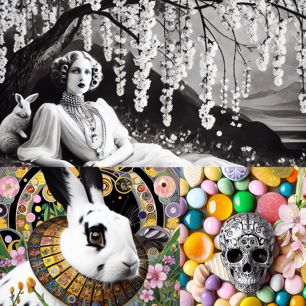 Capture the essence of an anniversary with a surreal touch. A glamorous Caucasian woman lounging under a tree blooming with blossoms. From its branches hang sweet indulgences that cast a soft radiance. A rabbit looks on, wearing a collar reminiscent of symbolism-rich art style prominent in the late 19th-century Vienna Secession movement, showing an intricate pattern, similar to Gustav Klimt's unique style. Close to this whimsical scene, a skull incongruously emerges from a bed of multi-hued candy, adding an unexpected layer of depth to the enchanting setting.
Generated with these themes: Sexy lady, Rabbit, Klimt, Sweeties, Skull, David bowie, and Tree.
Made with ❤️ by AI.