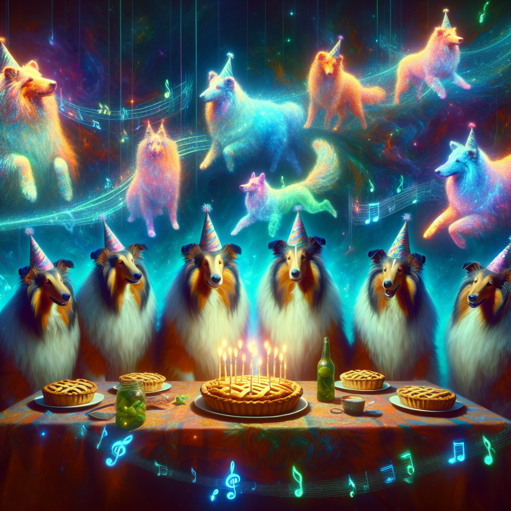 Visualize an ethereal scene where the usual laws of reality are gently bent. The vibrant center of the image portrays a group of Collie dogs, their fur awash with otherworldly colors, partaking in a whimsical birthday celebration. They wear festive party hats and gather around a table bearing a selection of glowing pies that hover slightly above their plates. Dancing luminescent pickles fill the periphery, their flight leaving a sparkling trail that resembles a constellation of stars. Above, a subtly visible stream of folk music notes flutters, wrapping all party participants in a pleasant melody in tune with the magical ambience.
Generated with these themes: Collie dogs, Pies, Pickles, and Folk music.
Made with ❤️ by AI.