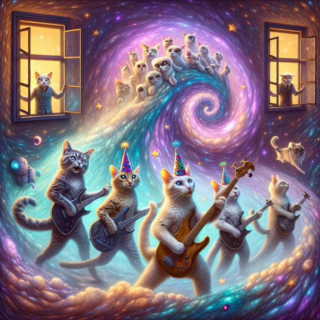 Create a surreal birthday-themed illustration where magical dust swirls around a group of felines, each artistically posed with guitars like rockstars. An otherworldly and fantastical atmosphere complements the scene, populated by unnamed animated characters looking out from windows. These characters reside in a peculiar, gravity-defying structure that serves as the focal point of the background, enhancing the dreamlike quality of the festivity.
Generated with these themes: Angel dust, Cats, Hazbin hotel cartoon series , and Guitar .
Made with ❤️ by AI.