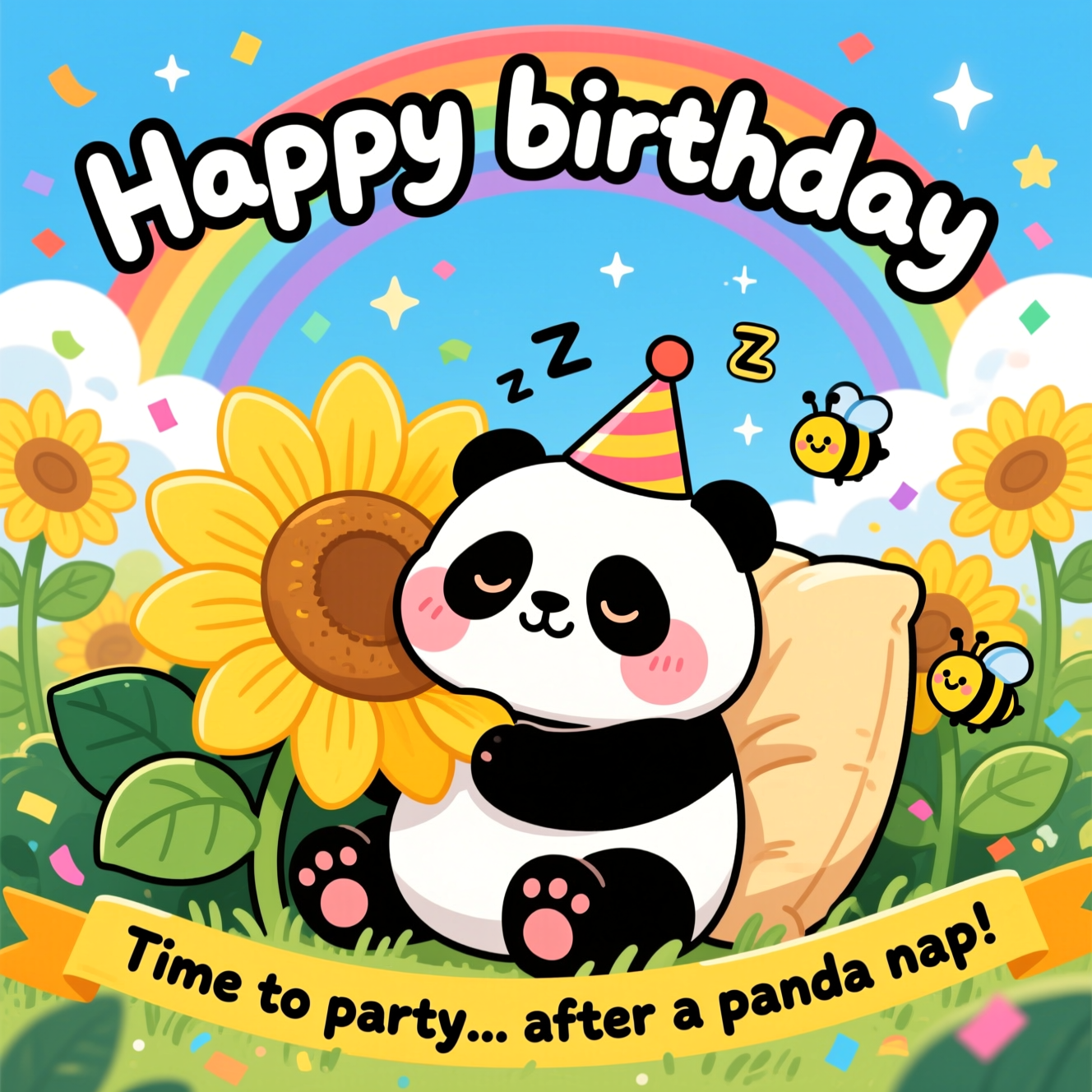 At the top of the Cartoon Style image, "Happy birthday " in big, bubbly hand-lettered letters with white fill, thick black outline, subtle rainbow shimmer, gently arced for a playful feel.

A cute, playful cartoon scene: a plump, sleepy panda with an oversized head and paws, thick outlines, and rosy cheeks snoozes while hugging a giant sunflower like a soft pillow, nestled in a lush patch of towering, bright yellow sunflowers with bold, graphic petals and deep green leaves. The panda wears a tiny tilted party hat; a few floating Z’s drift above its nose. Behind, a vivid, saturated rainbow arches across a clear sky with puffy clouds and tiny twinkling star-sparkles. Add a sprinkling of colorful confetti and a couple of smiling, round bees (also in tiny party hats) gently buzzing around, keeping the mood whimsical and cute. Style: playful cartoon, exaggerated proportions, thick outlines, bright saturated colors, soft shading, clean line art, energetic yet cozy composition.

Color and lighting: sunny, warm highlights on petals; soft, plush shading on the panda’s fur; a cheerful palette of sunflower golds, leafy greens, sky blues, and bold rainbow stripes.

Add a small caption near the bottom on a curved sunflower-yellow ribbon, chunky fun font with thick outline: "Time to party... after a panda nap!"
Generated with these themes: Happy birthday sleepy pander sunflowers rainbow, and .
Made with ❤️ by AI.
