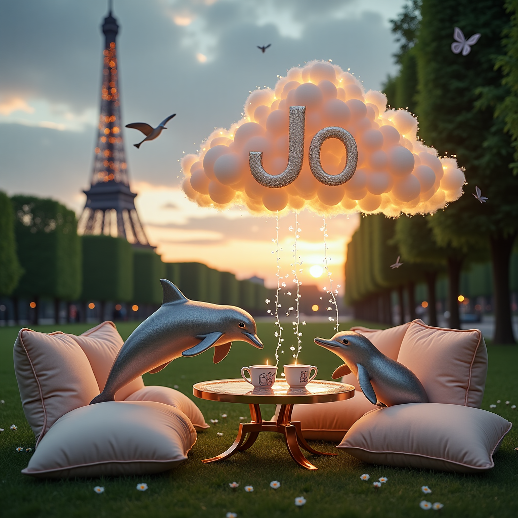 The scene unfolds at the base of the Eiffel Tower, which looms majestically in the background, its iconic iron lattice sparkling with fairy lights that twinkle like stars against the dusky Parisian sky. The focus shifts to a quirky, enchanted tea party set in a serene park, where the grass is dotted with tiny wildflowers and a pair of dolphins appear to leap gracefully through an elegant, transparent fountain in the foreground. Their joyous splash is captured mid-air, shimmering with glittery sparkles that seem to catch the light just right, as if each droplet has a story to tell. 

Nestled cozily among plush, oversized cushions, a whimsical table hosts a delightful assortment of herbal teas, their aromatic steam curling upwards and forming playful shapes – one resembling a pacifier, another a stork carrying a baby bundle, as if welcoming the new life. Teacups are scattered on the table, each painted with a different intricate design of baby animals - a giraffe, an elephant, and a bunny - giving a nod to the new arrival.

Above this delightful setting, a soft, fluffy cloud drifts lazily by, its edges lined with silver sparkles that catch the golden hues of the setting sun. Written whimsically across the cloud is the name "Jo," styled in elegant, playful lettering made from fluttering butterflies that spell out the name, as if they were choreographed just for this special occasion.

This surreal, magical scene is a celebration of new beginnings, a perfect blend of whimsy and wonder, capturing the essence of welcoming a new baby with a touch of humor and charm.
Generated with these themes: Herbal tea, Dolphins, Sparkles, and Eiffel Tower.
Made with ❤️ by AI.