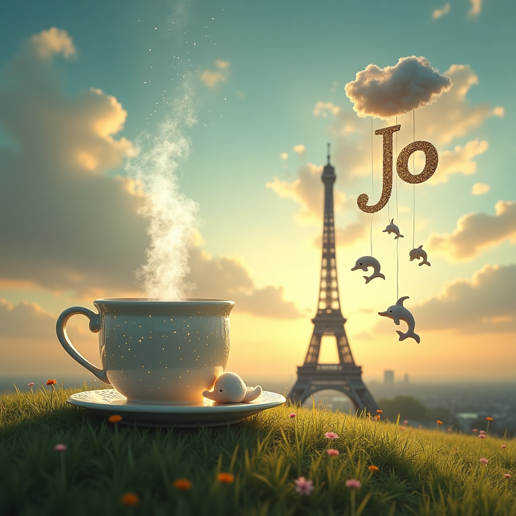 The scene unfolds in a surreal dreamscape that blends whimsical elements into a cohesive and captivating image. At the forefront, a giant porcelain teacup, brimming with steamy herbal tea, sits on a grassy knoll. The steam from the tea spirals upwards, carrying with it a flurry of sparkling glitter, twinkling like tiny stars. Nestled beside the teacup is a plush baby bassinet, delicately woven with threads that shimmer in the light, a plush dolphin gently cuddled inside, symbolizing the new baby.

In the background, the iconic Eiffel Tower rises majestically, but in a playful twist, it is enrobed in sparkling lights that mimic the glimmer of underwater ripples, suggesting an aquatic homage to the dolphin theme. The sky above is a canvas of vibrant hues, transitioning from dawn to daylight, scattered with fluffy clouds that resemble gentle waves. Among these clouds, the name "Jo" is cleverly formed, crafted from glistening sparkles that catch the sunlight, ensuring the recipient's name is prominently celebrated.

Hovering in the air, just above the scene, is a delicate mobile, suspended from a cloud. It is composed of miniature teabags and tiny dolphins, each one glimmering as if kissed by the morning dew, twirling softly in a gentle breeze. The scene captures a sense of magic and new beginnings, perfectly weaving the disparate themes of herbal tea, dolphins, sparkles, and the Eiffel Tower into a harmonious celebration of Jo's new arrival.
Generated with these themes: Herbal tea, Dolphins, Sparkles, and Eiffel Tower.
Made with ❤️ by AI.