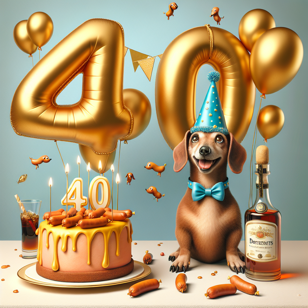 May blue, Gold, 40, Cake, Sausage dog, Sausages, and Tia Maria Birthday Card