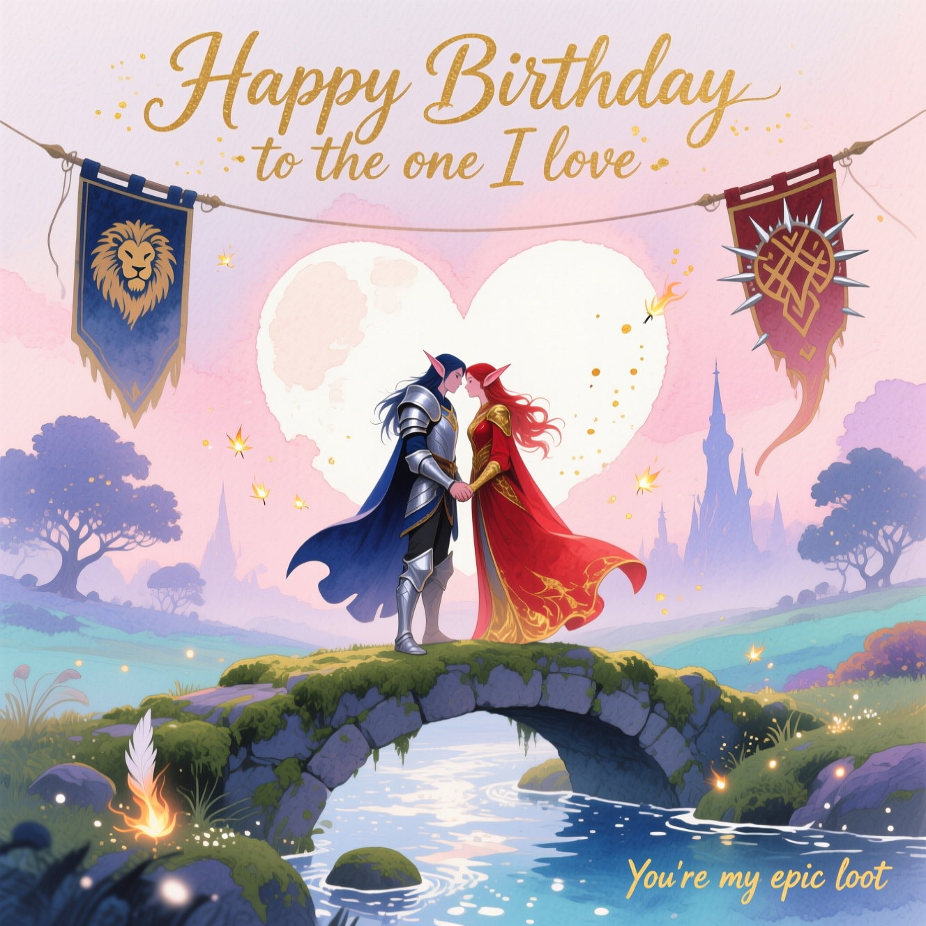 At the top of the Watercolor Style image, Happy Birthday to the one I love

A soft, romantic watercolor scene inspired by World of Warcraft: on a moonlit mossy stone bridge above a glimmering brook, two lovers—an elegant Night Elf and a radiant Blood Elf—stand close, foreheads nearly touching, hands entwined. Their light armor and flowing cloaks hint at their factions—midnight blue and silver for one, crimson and gold for the other—bleeding into each other as washes that subtly form a heart. Above them, two gently arcing banners (a noble lion motif and a spiked tribal motif) curl into a heart silhouette while tiny arcane wisps and fireflies swirl like stardust. In the distance, dreamy silhouettes of fantastical trees and soft spires dissolve into misty color fields.

Render in soft watercolor washes with delicate gradients, subtle pigment blooms, feathered wet edges, and visible natural cold-pressed paper texture for an airy, organic feel. Keep the atmosphere warmly romantic with a twilight palette of blush pinks, lilacs, sapphire blues, soft teals, and warm gold accents; add faint white gouache sparkles along the water and gentle glow around the couple.

Lettering: set the top text in flowing brush-lettered watercolor calligraphy with light gold flecks; keep a lighter wash behind it for legibility. Portrait orientation, large central image with generous negative space and no hard outlines.

Optional tiny caption: at the bottom-right in small hand-lettered gold watercolor, You’re my epic loot
Generated with these themes: World of warcraft, and .
Made with ❤️ by AI.