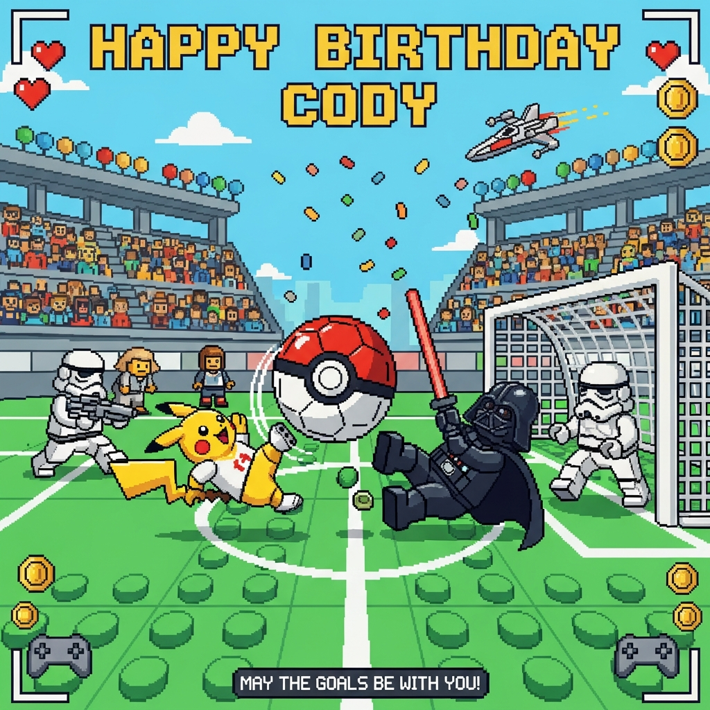 At the top of the Pixel Art Style image, "Happy birthday Cody" in big blocky 8-bit font, bright yellow with a thin dark outline.

Crisp 8-bit pixel art scene with a vibrant, limited palette and chunky square pixels: a lively soccer match on a bright green LEGO-brick pitch (visible studs), surrounded by colorful blocky LEGO stands packed with pixel spectators. Center action: Pikachu in a tiny pixel soccer kit performs an over-the-top bicycle kick, launching a giant Poké Ball-styled soccer ball toward a LEGO goal. In the goal, Darth Vader (pixel cape flapping) slips on a loose LEGO stud while trying to Force-stop the shot, lightsaber tumbling comically. A clumsy stormtrooper defender skids past, legs akimbo. Overhead, a tiny pixel X-wing zooms by trailing confetti, while a retro gaming HUD frames the corners with hearts, coins, and controller icons (no extra text). Bold outlines, punchy colors, clear silhouettes, and exaggerated cartoon expressions for maximum humor. Keep the pixels crisp (no anti-aliasing), nostalgic video-game charm throughout.

At the bottom in a small cheeky 8-bit caption, "May the goals be with you!"
Generated with these themes: Soccer, Pokemon, Gaming, Sports , Star wars, Lego, and .
Made with ❤️ by AI.
