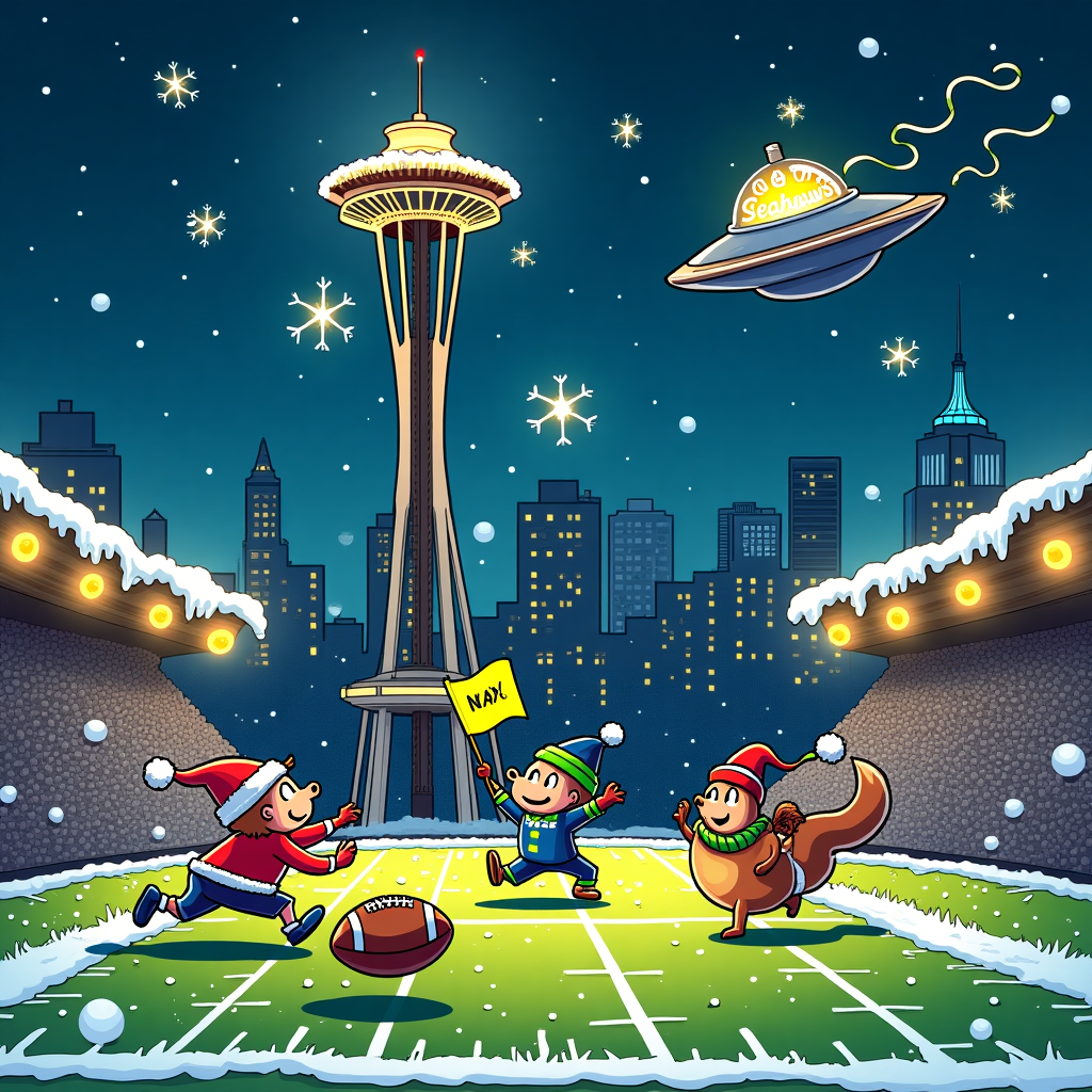 Picture a whimsical, snow-dusted Christmas evening in Seattle, where the iconic Space Needle is transformed into a colossal, twinkling Christmas tree. At the base of the Space Needle, a makeshift football field has been set up, complete with end zones painted in festive green and blue, proudly emblazoned with "Go Seahawks!" The stadium lights are replaced by oversized Christmas ornaments glowing in a kaleidoscope of colors, illuminating the field.

In the foreground, a trio of cartoon characters, styled with a nod to the classic works of Charles Schulz and Bill Watterson, are engaged in a playful game of football. One character, sporting a Santa hat and Seattle Seahawks jersey, is mid-action, diving for a candy-cane-striped football. Another character, reminiscent of a Disney animal sidekick, perhaps a cheeky squirrel, is adorned with a Seahawks beanie and is acting as the referee, holding up a giant yellow flag made of tinsel.

Hovering playfully above the scene, snowflakes fall in exaggerated, soft-edged patterns, echoing the playful style of R. Crumb. Amidst these snowflakes, two particularly large ones are formed in the whimsical script spelling out "Abi & Jordan" as if sketched by a cosmic hand, twinkling with their own soft glow.

In the background, Seattle’s skyline is a shadowy silhouette, accented with tiny, winking Christmas lights. A comic-style UFO, inspired by Osamu Tezuka’s futuristic flair, hovers near the Space Needle, its open hatch revealing a tiny alien waving a Seahawks flag, joining in on the festive cheer.

The scene captures a quirky, festive spirit, blending the unique charm of beloved classic comics with the vibrant excitement of a Seahawks Christmas game in a world where anything is possible.
Generated with these themes: Seattle Seahawks, American Footbalk, and Space Needle.
Made with ❤️ by AI.