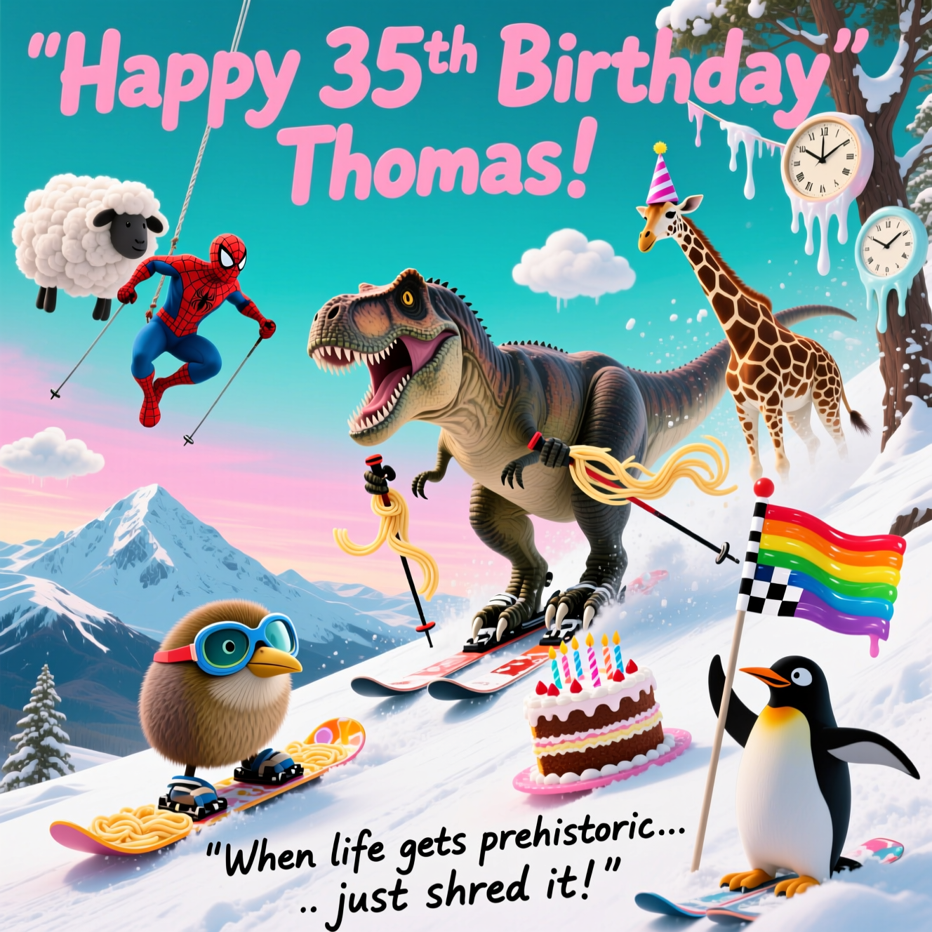 At the top of the Surreal Style image, write in bold playful lettering: **"Happy 35th Birthday Thomas!"**

A dreamlike, surreal birthday scene: a vast snowy mountain in New Zealand where a giant Tyrannosaurus rex is snowboarding downhill, its claws holding ski poles that melt into spaghetti noodles. Spiderman swings overhead between drifting clouds shaped like sheep, while a kiwi bird in oversized goggles rides a snowboard made of birthday cake slices. A giraffe wearing a party hat bursts through the mountain slope as if the snow were liquid, and a penguin referee waves a checkered flag made of rainbow jelly. The sky glows in shifting hues of turquoise and pink, with melting clock-faces draped across the treetops. 

At the bottom of the image, add the cheeky caption in playful handwritten script:  
**"When life gets prehistoric… just shred it!"**
Generated with these themes: Spiderman, Dinosaurs, New zealand, Animals, Snowboarding, and .
Made with ❤️ by AI.