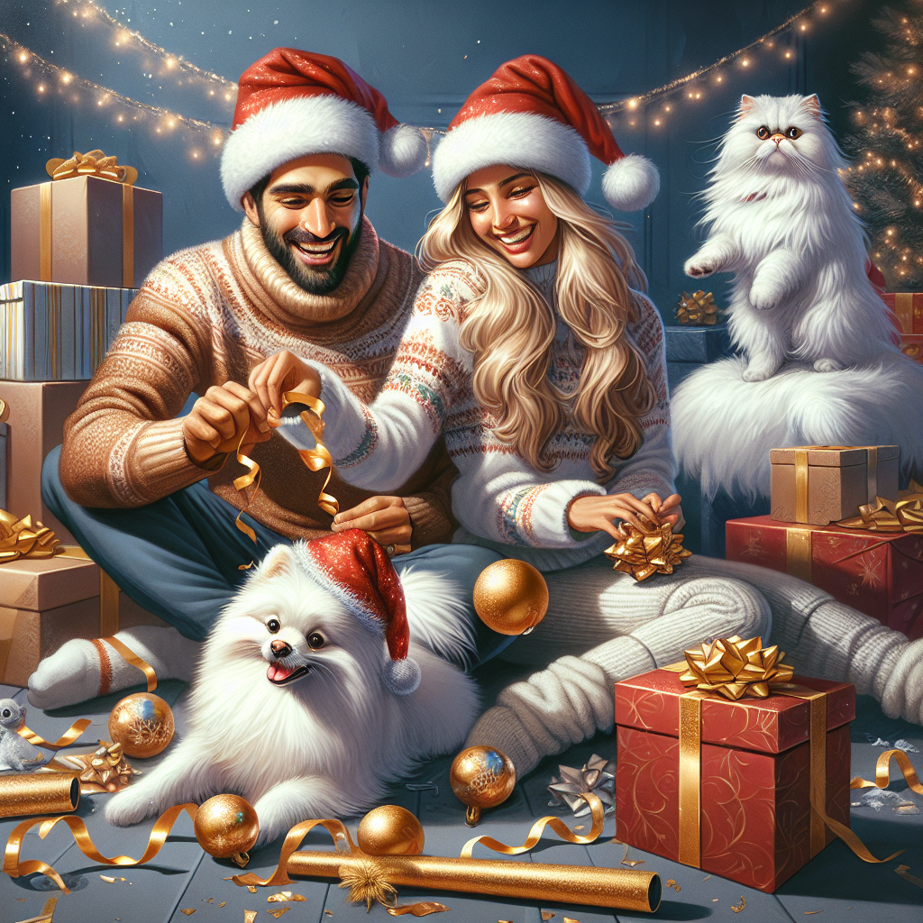 A male and female couple around a golden retriever making a mess, a white pomeranian dog and a white persian cat Christmas Card