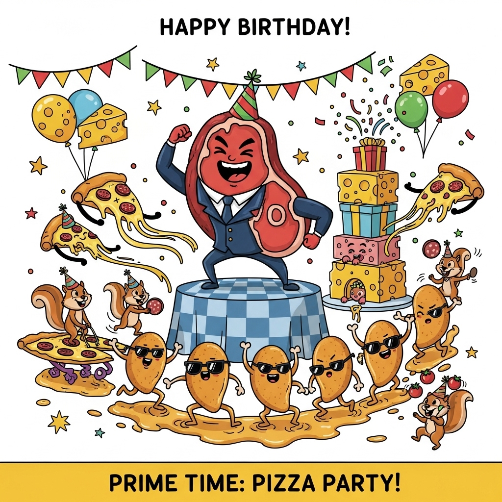 Prime rib, pizza, blocks of cheese, sliced chicken breast, dead squirrel carcasses, and Birthday Card