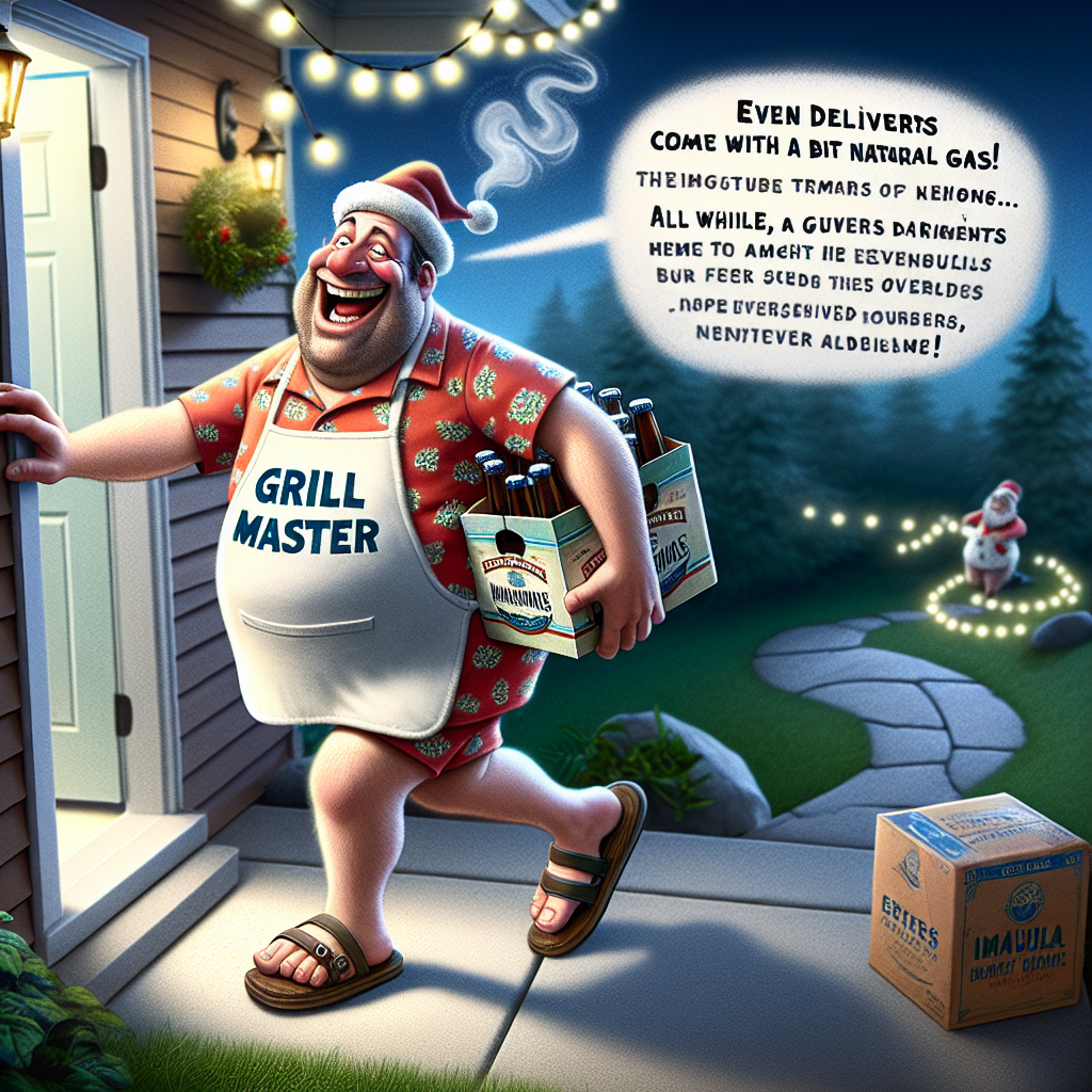 Imagine a funny scene set in the twilight hours. A jovial man resembling a traditional holiday figure sports a BBQ apron reading 'Grill Master' and comfortable sandals. He's trying to sneak towards a house, all the while, a visible cloud of smoke escapes him, suggesting he's at ease and enjoying the moment. As he chuckles, the words 'Even deliveries come with a bit of natural gas!' appear next to him. He holds an array of imported beers in his arms, a delightful surprise awaiting the household unaware of his presence. Near him, decorative string lights emit a soft glow, spelling out 'Cheers to everyone!'
Generated with these themes: Daddy Claus, who is Father's Day's version of Father Christmas is delivering beer to a house , Daddy Claus has farted visibly and says something funny about it, and Daddy Claus is dressed in special dad clothes .
Made with ❤️ by AI.