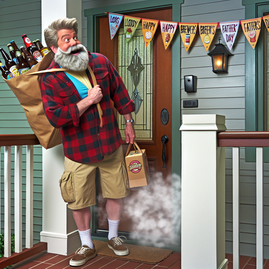 Daddy Claus, who is Father's Day's version of Father Christmas is delivering beer to a house , Daddy Claus has farted visibly and says something funny about it, and Daddy Claus is dressed in special dad clothes Fathers-day Card
