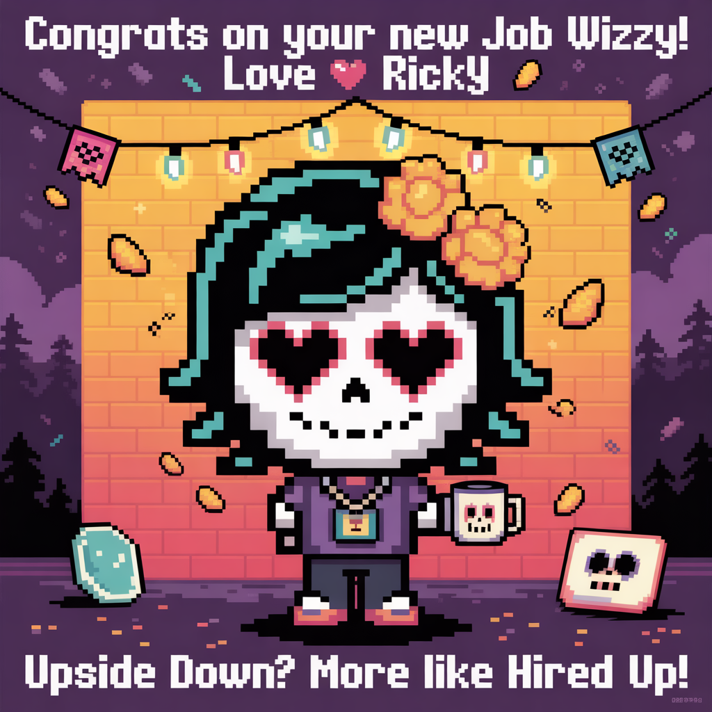 At the top of the Pixel Art Style image, "Congrats on your new job Wizzy! Love Ricky"

At the bottom of the image, "Upside Down? More like Hired Up!"

- Render in crisp 8-bit pixel art with a vibrant, limited palette (marigold orange, sugar-pink, electric turquoise, midnight purple, bone-white, cherry red, charcoal); chunky square pixels, 1–2 px outlines, no gradients.
- Center scene: a cute sugar skull character with glossy black hair (thick, shiny 8-bit strands), big heart-shaped eye sockets, and a marigold flower crown. Add a tiny office lanyard and a pixel mug with a tiny skull icon to celebrate the “new job.”
- Surround the character with Day of the Dead flair: papel picado banners and marigold petals drifting like confetti.
- Background mash-up: an 80s brick wall with a string of Christmas lights, a shadowy forest silhouette, and subtle floating pixel “spores.” Below, a small mirrored “Upside Down” strip with inverted colors and viney tendrils—cute, not creepy.
- Add playful nods to Stranger Things: an 8-bit bicycle silhouette and a faint, red neon-style glow from the Upside Down.
- Overall mood: adorable, celebratory, and nostalgic; keep shapes bold and readable at a glance, with cheerful highlights and tiny sparkles.
Generated with these themes: Sugar Skulls, Stranger Things, Day of the Dead, Black Hair, and .
Made with ❤️ by AI.