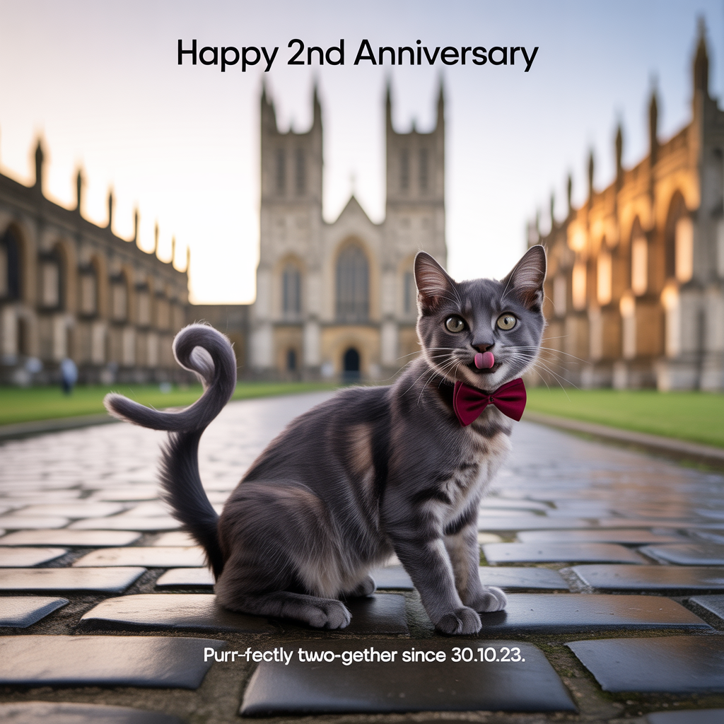 At the top of the Photorealistic picture taken from a camera image, "Happy 2nd Anniversary"

At the bottom of the image, "Purr-fectly two-gether since 30.10.23."

Portrait-orientation, ultra-high-definition 4K UHD camera photo with natural, accurate lighting and rich depth of field. Foreground: a sleek black cat in razor-sharp focus sits cheekily on the cobblestones of the Canterbury Cathedral precincts, wearing a tiny burgundy bow tie; its tail naturally curves into the shape of a “2.” The cat gives a playful mid-blep (tiny tongue out) for a funny, endearing vibe. Background: Canterbury Cathedral’s iconic Gothic west front and towers in soft focus, bathed in warm golden-hour light that kisses the pale limestone; subtle elongated shadows and a gentle late-afternoon sky. Realistic textures: glossy cat fur with individual whiskers visible, weathered stone, slightly damp cobbles with faint reflections. Composition: low, eye-level angle with the cat framed in the lower third, cathedral rising majestically behind; generous negative space above the towers for the headline and a clean, softly blurred cobblestone strip at the bottom for the punchline. Lens look: 50mm prime, f/1.8 shallow depth-of-field, crisp micro-contrast, true-to-life color grading. Ensure the overlay text is elegant and legible (clean white or soft gold, subtle drop shadow), integrated naturally without obscuring key details. No additional text in the scene.
Generated with these themes: Happy 2nd Anniversary , 30.10.23, Canterbury Cathedral, Black Cat, and .
Made with ❤️ by AI.