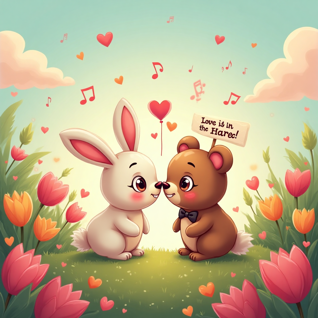 At the top of the Cartoon Style image, the text: "come on baby"

**Image Description:**

Imagine a whimsical and vibrant cartoon scene set in a lush, dreamy garden. Two adorable, plump characters with oversized, endearing eyes are at the center. They are animatedly leaning towards each other for a playful kiss. One character is a fluffy bunny with a heart-shaped nose, while the other is a cute little bear wearing a tiny bow tie. They are surrounded by a flurry of floating hearts and musical notes, as if their love is a sweet melody. The background is filled with oversized colorful flowers and soft pastel clouds, creating a magical atmosphere. 

A small, cheeky heart-shaped character with wings is playfully holding a banner in the corner, cheekily exclaiming, "Love is in the Hare!"
Generated with these themes: Kissing, Making out, and .
Made with ❤️ by AI.