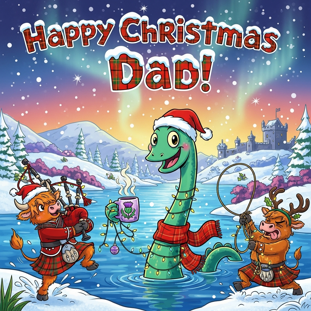 At the top of the Cartoon Style image, Happy Christmas Dad!

Portrait, full-bleed, bright and festive. Playful cartoon style with thick black outlines, bright saturated colors, exaggerated proportions, and whimsical, energetic poses. A snowy Scottish Highlands scene on the shores of Loch Ness: in the center, a big friendly emerald-green Nessie pops out of the icy blue loch, long neck arcing like a candy cane, goofy grin and rosy cheeks, huge expressive eyes. Nessie wears a red tartan scarf and a Santa hat, tangled in twinkling Christmas lights, holding a steaming mug with a purple thistle motif; baubles dangle from the light string. Foreground left: a shaggy ginger Highland cow in a red-and-green tartan kilt and wee sporran, plus Santa hat, up on hind legs doing a joyous Highland fling while puffing candy-cane striped bagpipes wrapped in fairy lights; chunky hooves, bouncy motion lines. Foreground right: another fluffy Highland cow in a tartan kilt and reindeer antler headband, wrestling a comically knotted string of lights as it tries to lasso Nessie, tongue-out concentration, snow kicking up. Background: rolling white hills, patches of heather, twinkly-lit pine trees, and the silhouette of Urquhart Castle; a rosy-gold winter sky shifting to deep blue with star sparkles and a hint of aurora. Big stylized snowflakes drift through the scene; reflections shimmer on the water. Use vibrant tartan reds and greens, fiery orange fur, icy blues, holly-berry accents; bold cel-shading with bright highlights and a warm glow from the lights. Style the top text “Happy Christmas Dad!” as large playful bubble letters filled with festive tartan, frosted with snow caps and a crisp white outline for readability. Add one small wooden sign staked in the snow at the bottom that reads: “Have a loch of laughs!”
Generated with these themes: Scotland, Nessie, Highland Cows, Kilt, and .
Made with ❤️ by AI.
