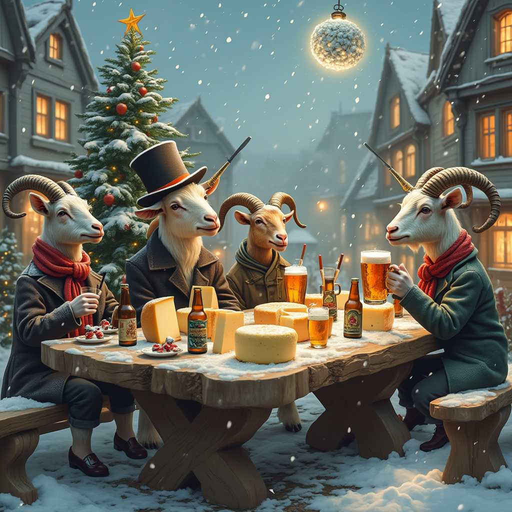 In a whimsical, snow-draped village where Christmas lights twinkle like scattered stars, a surreal yuletide scene unfolds. Picture an expansive wooden table carved from a single massive oak, sitting under a gentle snowfall. On this table, a party of anthropomorphic goats, with soft, velvety coats in varying shades of grey and white, are gathered. They wear tailored wool coats and colorful scarves, their horns adorned with tiny Christmas baubles. At the center of the table is an extravagant cheese board, a cornucopia of cheeses ranging from rich, creamy brie to sharp, aged cheddar. The cheeses are crafted into mini replicas of snow-covered cottages and twinkling igloos, with cheese knives sticking out like flagpoles, each with a festive flag.

Among the goats, a charismatic, top-hat-wearing billy goat, with a monocle perched on his snout, raises a mug of frothy, amber beer, the foam threatening to spill over, as if in a merry toast. Bottles of various craft beers, each label depicting winter scenes, are scattered around like sentinels of merriment. Nearby, an elegant nanny goat delicately balances a cheese wheel on her nose, her eyes twinkling mischievously. Behind them, an ornate Christmas tree stands, bedecked with miniature knives as ornaments, reflecting the gentle light like icy stalactites.

To one side, a small wooden sled overflows with more cheese and bottles, suggesting an imminent feast or a quirky gift delivery. The background is filled with quaint, half-timbered houses, their windows glowing warmly against the winter night, while in the sky, a single large snowflake, shaped suspiciously like a cheese wheel, begins its descent. The scene is a delightful mix of whimsy and festivity, capturing a moment where goats revel in a world where beer, cheese, and Christmas cheer collide in an enchanting narrative tableau.
Generated with these themes: Goats, Beer, Cheese, and Knives.
Made with ❤️ by AI.