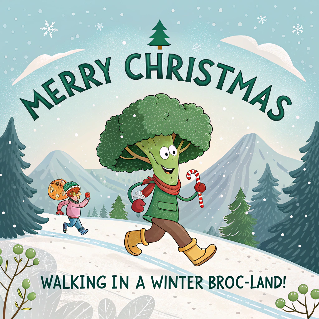 At the top of the Vector Style image, "Merry Christmas Broc"

At the bottom of the image, "Walking in a winter broc-land!"

- Center scene: an anthropomorphic broccoli person happily hiking a snowy mountain trail. The floret head acts like a mini Christmas tree, strung with a few flat-color fairy lights and topped with a tiny star. The broccoli wears a bright red scarf, green mittens, and chunky hiking boots dusted with snow.
- Companions: two dogs trotting alongside.
  - One grey-and-black dog (speckled coat, medium size) wearing a tiny reindeer antler headband and proudly carrying a candy cane.
  - One ginger dog (warm orange coat) with a jingle-bell collar, playfully tugging the end of the fairy lights trailing from the broccoli’s floret.
- Setting: clean flat-vector alpine backdrop of stylized, snow-capped triangular peaks and dark evergreen pines. A soft, pale blue sky with simple geometric snowflakes. Curving snowy path with crisp broccoli-boot prints and pawprints.
- Color/style: bold, flat color blocks; minimal or no gradients; crisp outlines; modern, playful graphic design. Palette of evergreen, broccoli green, cherry red, icy blues, charcoal, and warm ginger.
- Typography: big, bold rounded sans-serif lettering.
  - Headline in candy-apple red with a thin cream outline for contrast.
  - Punchline in deep evergreen with a subtle off-white outline.
- Composition: generous negative space around the top and bottom text; characters centered and slightly forward; balanced, clean vector look with sharp, tidy edges.
Generated with these themes: , and .
Made with ❤️ by AI.