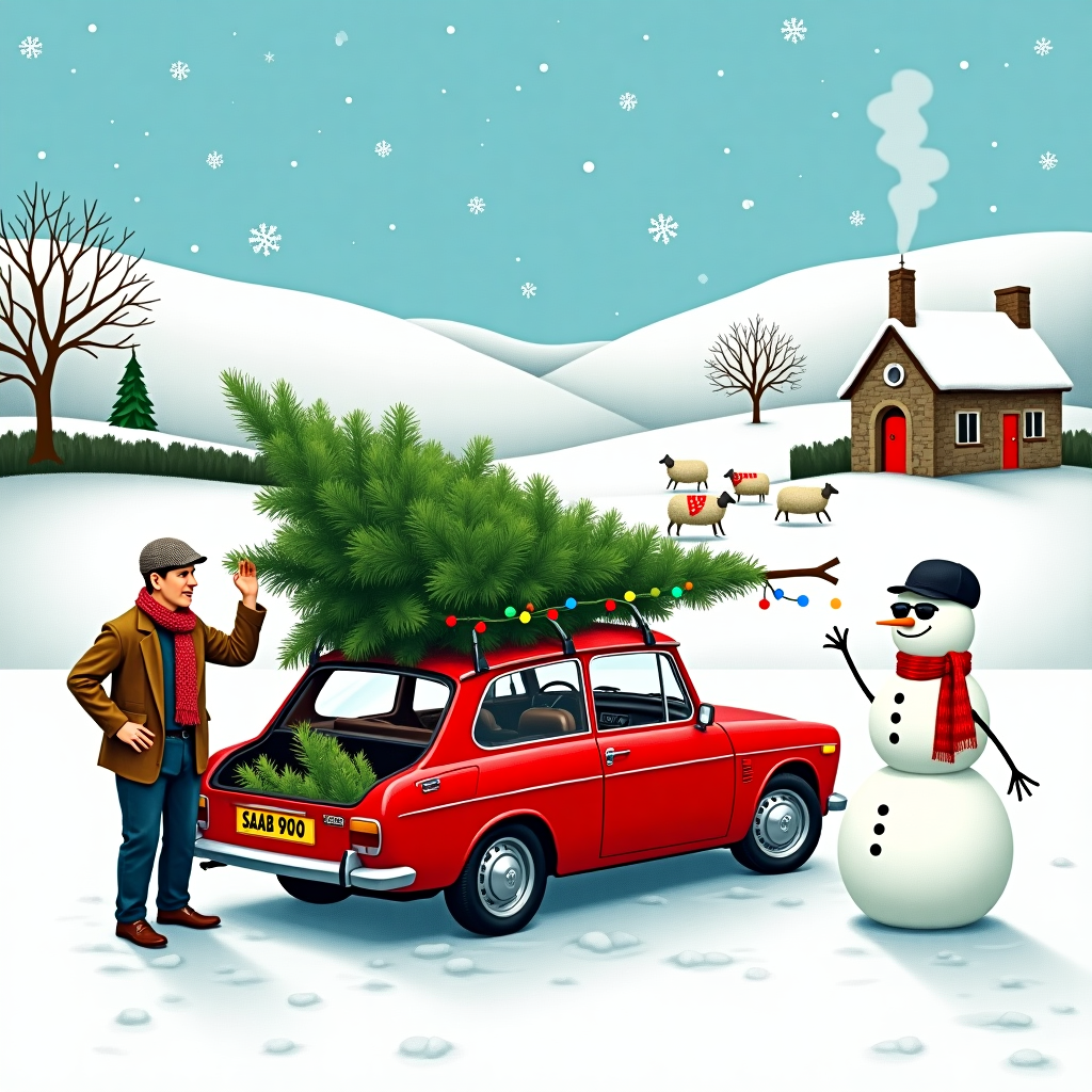 On the front of this quirky Christmas card, a vibrant and whimsical scene unfolds in the heart of the Yorkshire Dales. Picture a quaint, snow-dusted countryside landscape where rolling hills meet the horizon under a crisp, blue winter sky. In the foreground, a vintage Saab 900, painted a festive red with a string of colorful Christmas lights wrapped around its roof rack, is parked haphazardly on a patch of pristine snow. The car's trunk is wide open, revealing an enormous cheeseplant whose lush, oversized leaves comically spill out, brushing against the car’s taillights.

A Yorkshire Dales farmer, bundled up in a tweed cap and woolen scarf, stands beside the car, scratching his head in amusement as he examines the cheeseplant, a seemingly odd choice for a Christmas tree. In the background, a small flock of sheep with red-and-white striped scarves trots merrily across a frosty field, adding a touch of rural charm. Nestled among the distant hills, a tiny stone cottage with a smoking chimney can be seen, festively adorned with holly wreaths on its doors and windows.

Near the center of the scene, a snowman with coal eyes and a carrot nose grins cheekily, sporting a cap and sunglasses in a nod to the car's classic cool vibe. Snowflakes dance gently in the air, creating a whimsical sense of motion. This scene captures the delightful chaos and unique charm of a Yorkshire Christmas with a touch of humor, blending classic countryside elements with unexpected holiday twists.
Generated with these themes: Yorkshire Dales,  Saab 900, Cheeseplant, and Countryside.
Made with ❤️ by AI.