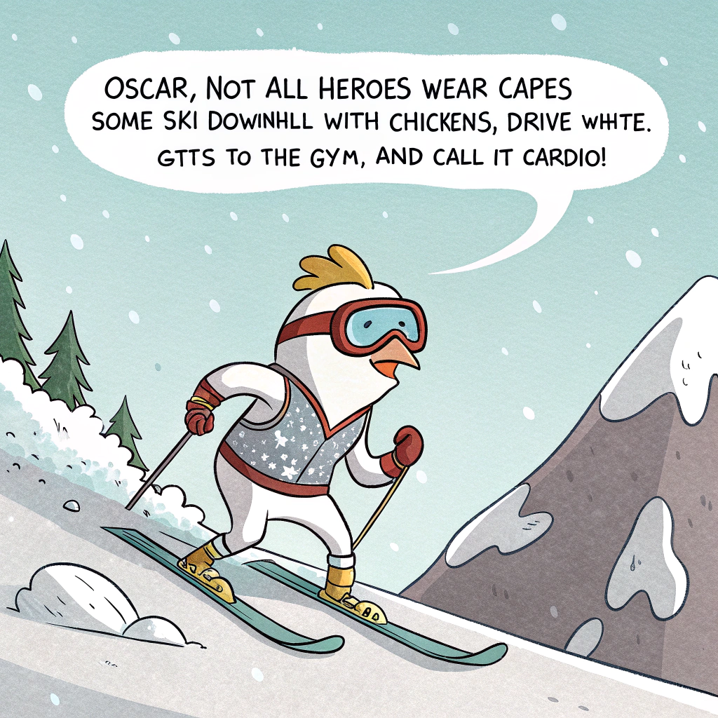 At the top of the image, "Oscar, not all heroes wear capes—some ski downhill with chickens, drive white GTIs to the gym, and call it ‘cardio!’"

- In the cartoon image, illustrate a hilariously chaotic snow-covered mountain scene.  
- A cartoon Oscar, wearing oversized ski goggles and a gym vest, is skiing wildly down a slope on comically short skis.  
- A clucking, panicked chicken is clinging to his back, wearing a matching tiny gym headband.  
- Behind them, a pristine white Golf GTI is parked precariously on a ski lift platform with a dumbbell sticking out the window.  
- Add cartoon snow flying in all directions, with absurd gym equipment (kettlebells, protein shakes, yoga mats) scattered on the slope.  
- Make Oscar’s expression both terrified and thrilled, with the chicken's beak wide open in cartoon shock.  
- Add little motion lines and a ridiculous speech bubble from the chicken: “We should’ve taken the car!”
Generated with these themes: Skiing, Chicken, White Golf GTI, and Gym.
Made with ❤️ by AI.