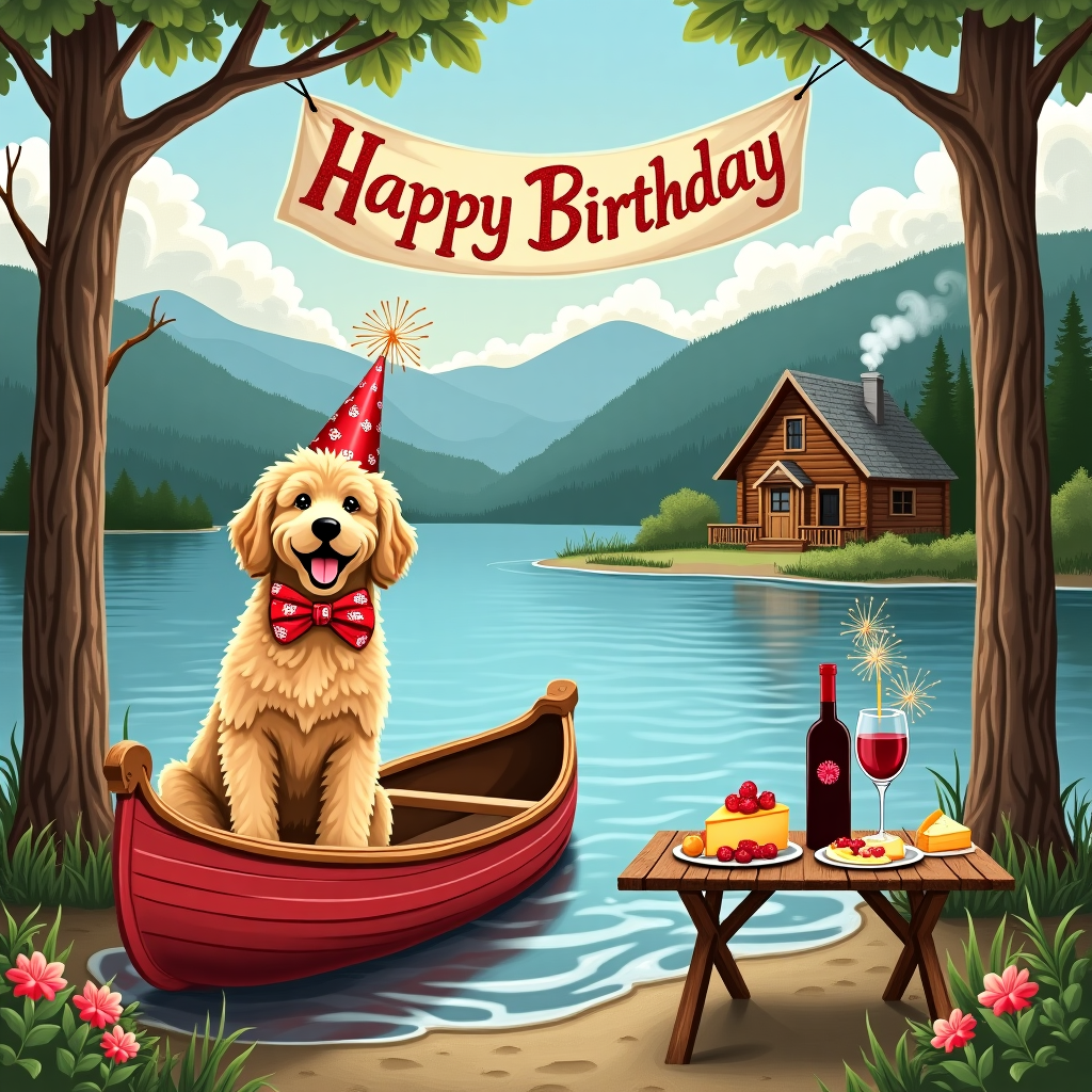 Golden Doodle named Dobby, Sacandaga lake , Adirondack mountains , Red wine, and Birthday Card