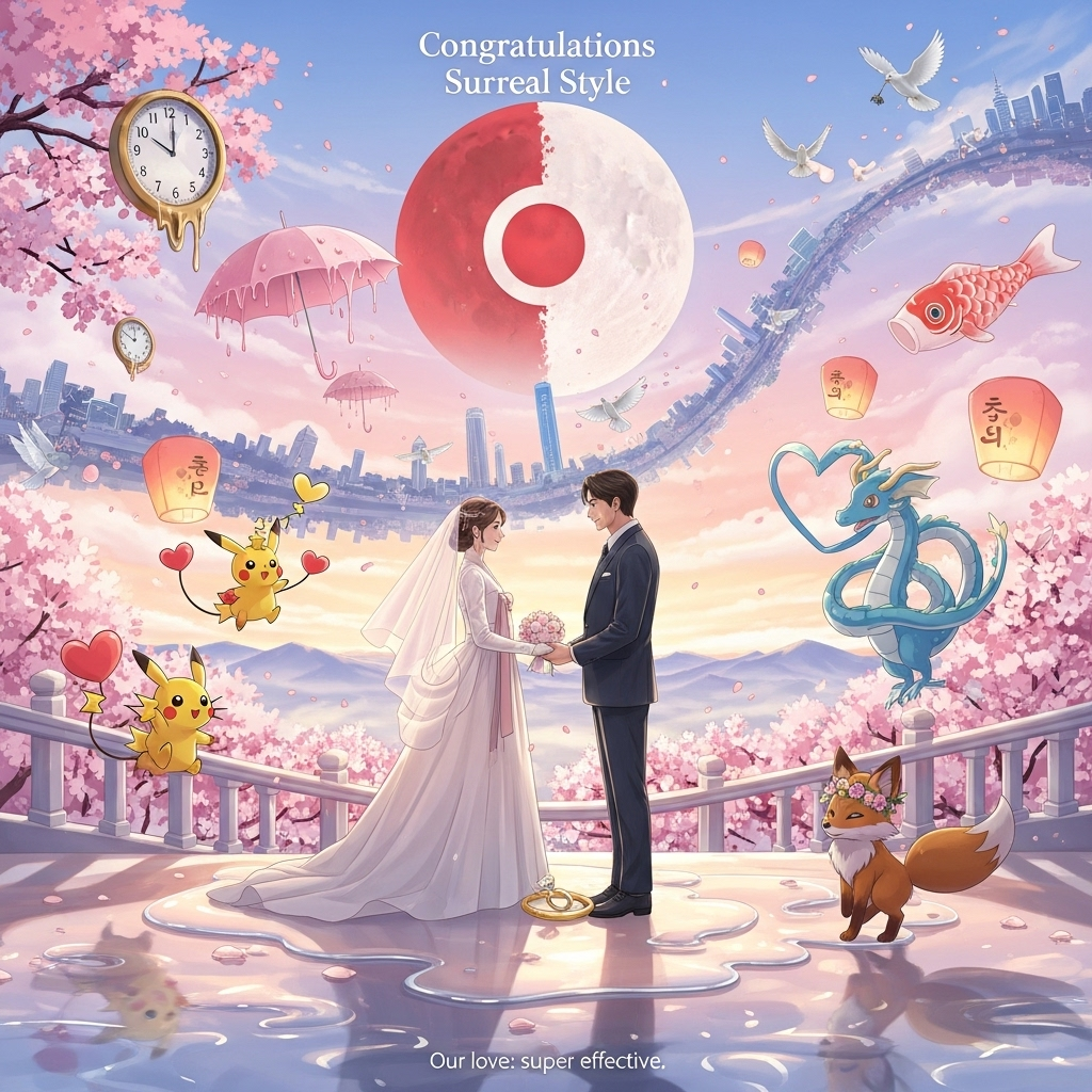 At the top of the Surreal Style image, Congratulations

A romantic, dreamlike surreal wedding scene in anime style with Korean drama vibes: two adult lovers, elegant and expressive, standing hand-in-hand on a floating, blossom-laced ring-bridge that gently melts at the edges. Their attire fuses wedding fashion with modern hanbok elements—her gown translucent and cloudlike, his suit sleek with subtle jeogori lines. The sky is an ethereal pastel gradient; a gigantic celestial orb split red-and-white with a central circle hangs like a moon, bathing everything in soft, volumetric glow. Dali-inspired details: melting cherry-blossom clocks, umbrellas dripping into petals, and a Seoul skyline bending like taffy on the horizon while Hangul strokes unravel into flying doves. Whimsical Pokemon-inspired companions celebrate around them: two tiny golden electric mouse sprites with rosy cheeks and heart-tipped tails present the rings; a ribbon-like blue dragon coils into a heart; a fluffy fox companion wearing a floral wreath. Translucent koi lanterns balloon upward, glittering bokeh dances in the mist, and long, liquid shadows stretch across a pearly floor. Palette: blush pink, lavender, moonlit ivory, and warm gold. Ultra-detailed painterly rendering, Dali-esque melting forms, cinematic K-drama backlight, soft depth of field, romantic atmosphere.

At the bottom in small, playful script: Our love: super effective.
Generated with these themes: Anime , POKEMON , Korean drama, and .
Made with ❤️ by AI.