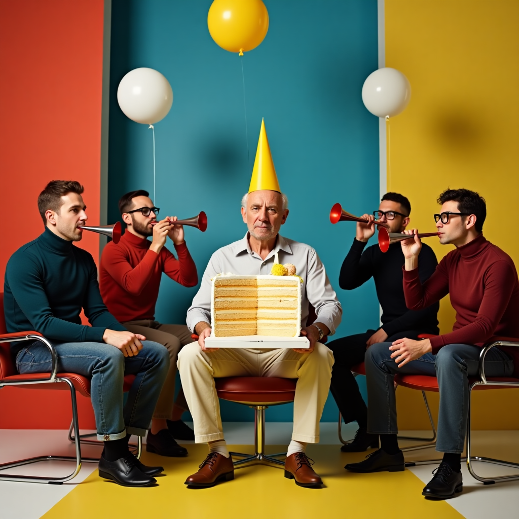 **Prompt:**  
At the top of the realistic photograph image, "Stuart, you've officially reached peak *Bauha-HAUS* — minimalist age, maximalist cake!"  

A humorous, highly detailed realistic photograph in Bauhaus-inspired setting: A birthday party staged inside a stark, geometric modernist Bauhaus living room — all bold primary colors (red, yellow, blue), abstract shapes, clean lines, and functional furniture. At the center, a very serious, stone-faced old man (possibly Stuart), wearing a yellow party hat, is seated on a chrome-and-leather Wassily chair, holding a slice of ridiculously over-the-top birthday cake that is architecturally built like a Bauhaus structure (stacked square layers, fondant grid patterns, topped with edible mini Marcel Breuer chair). Around him, deadpan party guests in turtlenecks and round spectacles pose as if in a 1930s art collective, blowing party horns mechanically. Balloons float rigidly, as if under strict design regulations. The overall tone is dryly absurd, a stylish collision of high art and birthday-party kitsch.
Generated with these themes: bauhaus.
Made with ❤️ by AI.