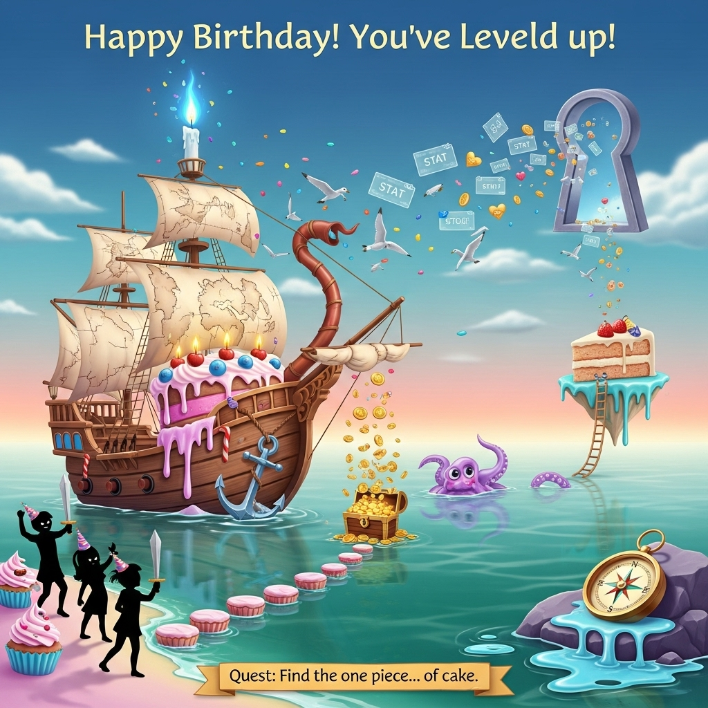 At the top of the Surreal Style image, Happy birthday! You’ve leveled up!

A dreamlike, Dali-inspired surreal birthday seascape merging level-up dungeon vibes with whimsical pirate adventure: in the foreground, a colossal pirate ship sculpted from birthday cake slowly melts into a glossy tea-colored ocean; frosting drips like clock-melt, the anchor is a polished silver fork, and licorice ropes sag in elastic arcs. The sails are parchment maps that peel off into flocks of paper-gulls midair. A towering candle-mast bends impossibly, its blue flame casting ethereal god-rays and confetti sparkles. In the sky, a floating, keyhole-shaped “gate” opens, spilling soft auroras of translucent stat windows and tiny icon glyphs (hearts, coins, swords) that spiral like balloons. From a frosting shoreline, playful shadow silhouettes in party hats cheer with foam swords—friendly, cartoony, and slightly elongated like paper cutouts. Cupcake stepping-stones lead toward the cake-ship, while a kraken made of party streamers gently hugs the hull, tossing gold confetti that rains onto a treasure chest overflowing with balloon-coins. Off to the side, a single island shaped like a perfect slice of cake drifts by, connected with a whimsical balloon-ladder. A melted compass puddles on a rock, pointing everywhere at once. Pastel palette (peach, aqua, lavender), soft, ethereal lighting, long surreal shadows, painterly textures, high detail, cheeky and whimsical mood. Leave generous negative space around the top text; center the focal point on the ship and sky gate.

At the bottom on a small ribbon banner, add: Quest: Find the one piece... of cake.
Generated with these themes: Solo leveling, One piece , and .
Made with ❤️ by AI.