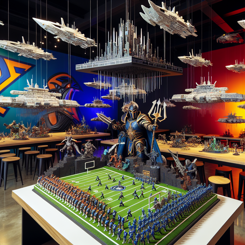 The room is filled with a thrilling and unusual energy, a mix of sports and fantasy for a birthday celebration. Dominant colors of a renowned football team paint a striking background for the complex displays of tabletop strategic game, where each table is a playing field hosting miniature figures looking like football players defending against intricate figurines from a beloved fantasy universe. Hanging from above, models of futuristic space vessels craft a skyline reminiscent of a famous space opera. The birthday cake is at the heart of the event, a multilevel wonder topped with a football helmet, defended by a fearsome fantasy universe warrior brandishing a futuristic sword.
Generated with these themes: Bloodbowl, Tennessee Titans, Warhammer, and Star Wars.
Made with ❤️ by AI.