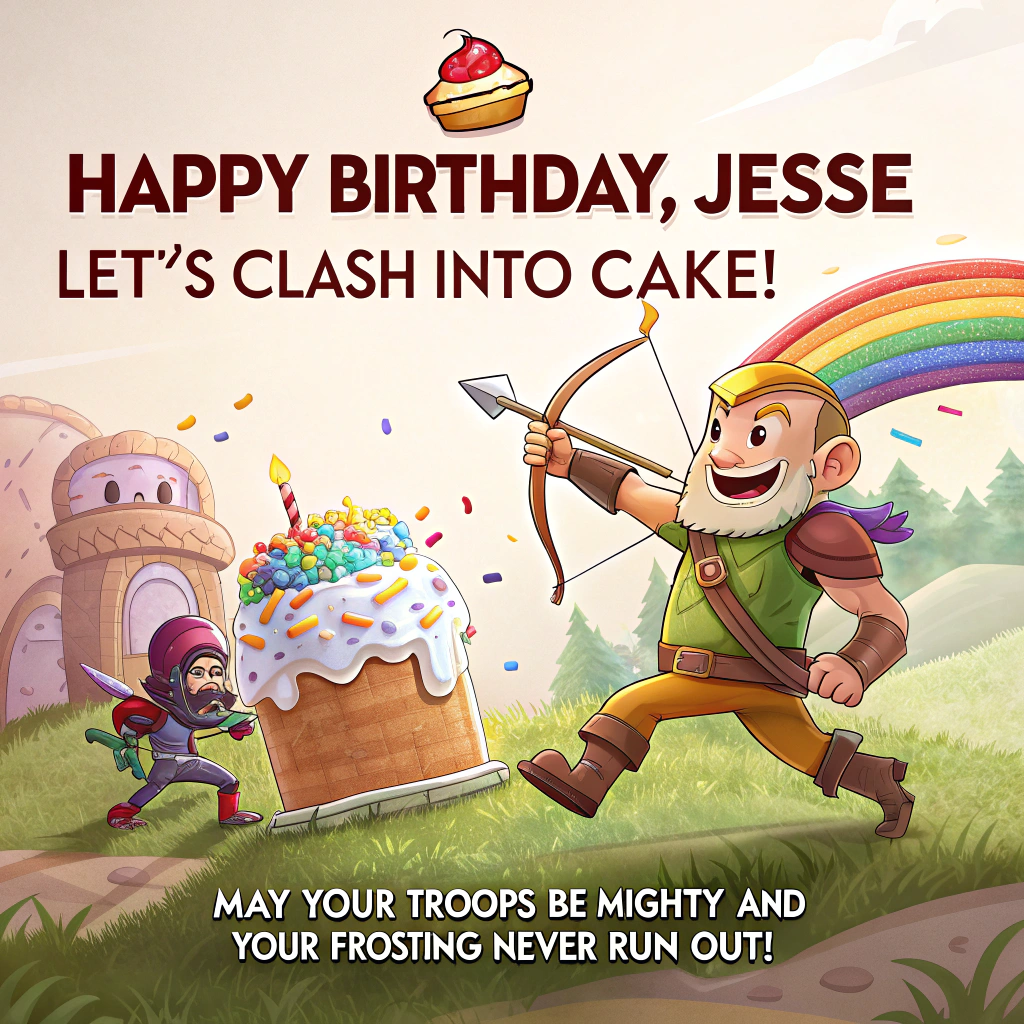 At the top of the image, "Happy Birthday, Jesse – Let’s Clash Into Cake!"  

At the bottom of the image, "May your troops be mighty and your frosting never run out!"  

- In the center, illustrate a cute, hand-drawn Clash of Clans–inspired birthday battle scene: a cheerful Barbarian with a party hat charging forward holding a giant slice of cake instead of a sword, a smiling Archer shooting rainbow sprinkles from her bow, and a baby dragon playfully blowing out candles on a towering, colorful birthday cake-fortress. Confetti bursts and balloons float through the warm, textured sky, while a cozy village backdrop sets the scene with banners and bunting strung between huts.
Generated with these themes: Clash of clans, and .
Made with ❤️ by AI.
