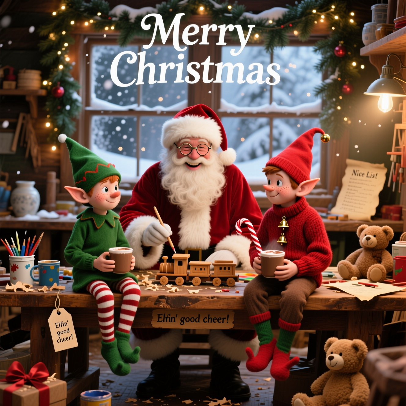 At the top of the Photorealistic picture taken from a camera image, "Merry Christmas"

Ultra-high-definition 4K UHD, true-to-life realism with accurate lighting, lifelike textures, and rich depth of field. Portrait, full-bleed composition. Scene: two elves sitting with Santa in his workshop. Santa, in plush red velvet with white fur trim and wire-rim glasses, sits at a well-worn oak workbench, smiling warmly as he paints a tiny wooden toy train. One elf in a green felt tunic and striped stockings, the other in a red knit sweater with tiny brass bells—both with rosy cheeks, pointy hats, freckled noses—sit beside him on a wooden bench, feet dangling, holding steaming cocoa and a candy cane. The workbench is sprinkled with wood shavings, paint pots, ribbons, a teddy bear, and a parchment “Nice List.” Behind them: snow-dusted windowpanes, pine garlands, and twinkling fairy lights that bloom into gentle bokeh. Dust motes glow in a warm lamplight beam; rich textures of wood grain, velvet, knit, felt, ceramic, and frosted glass are tactile and detailed. Cute, cozy, heartwarming mood.

Include a small, cheeky caption integrated into the scene: a little wooden gift tag on the front edge of the workbench near the bottom reads, "Elfin' good cheer!"

Camera and look: eye-level, intimate 3-subject triangle composition; leading lines of the bench toward their smiling faces. 50mm full-frame lens, f/2.8, ISO 400, 1/125s. Soft vignette, natural skin tones, warm golden color grade with gentle highlight roll-off, realistic depth separation—sharp on Santa and the two elves, softly blurred background lights. Title styling: “Merry Christmas” in warm white hand-lettered script with a soft glow and subtle drop shadow for legibility over the garland. No logos or extra text beyond the title and the tag caption.
Generated with these themes: Two elves sitting with santa in his workshop, and .
Made with ❤️ by AI.