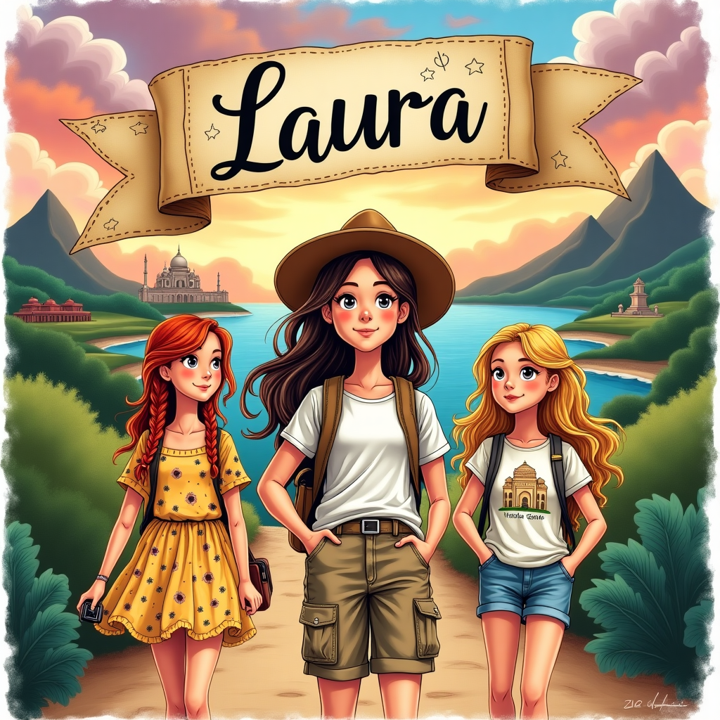 In this hand-drawn farewell greeting card cover, we create a vivid and adventurous scene where Laura, our protagonist, embarks on a global adventure with her two friends. 

**Foreground Elements:**
1. **Laura and Friends:**
   - **Laura** is illustrated with flowing brunette hair, wearing a traveler's hat and casual attire, such as a t-shirt and cargo shorts. Her eyes are wide with curiosity, and she carries a well-worn backpack adorned with travel stickers.
   - Her **two friends** flank her: one with fiery ginger hair styled in playful braids and wearing a bright, patterned sundress, while the other boasts wavy blonde locks, dressed in denim shorts and a graphic tee. Each has a small travel accessory like a camera or binoculars.

2. **Travel Icons:**
   - In Laura’s hand, she clutches a vintage map featuring dotted lines and playful icons indicating their journey across South East Asia, India, Australia, and New Zealand. The map is unfurled, showcasing intricate little sketches of landmarks like the Sydney Opera House, the Taj Mahal, and New Zealand's fjords.

**Background Elements:**
1. **Backdrop of Destinations:**
   - A fantastical collage of landscapes cascades behind them, merging into one another like a dreamscape. 
   - In the distance, rice terraces and bustling night markets hint at South East Asia, portrayed in lush greens and vibrant yellows.
   - An ornate Indian palace rises majestically to one side, detailed with intricate latticework and vivid marigold hues.
   - Australian red deserts and eucalyptus trees blend seamlessly into New Zealand's rolling green hills and crystal-clear lakes, all under a sky transitioning from day to night.

2. **Banner:**
   - A whimsical banner unfurls across the sky above them, with “Laura” elegantly written in a playful, vintage typeface, akin to a ribbon unfurling in the breeze, its colors shifting in harmony with the backdrop—a gradient of sunset oranges and twilight purples.

3. **Decorative Elements:**
   - Scattered around are charming little critters: perhaps a hopping kangaroo, a watchful kiwi bird, and an inquisitive monkey peering out from the trees.
   - Details like fluttering paper lanterns and distant hot air balloons fill the sky, suggesting a sense of whimsical adventure.

This richly detailed scene, inspired by the likes of Beatrix Potter and Quentin Blake, draws the viewer into a tapestry of adventure and exploration, perfectly capturing the essence of a grand farewell journey.
Generated with these themes: Off on an adventure travelling the world with her two friends one ginger one blonde (no dinosaurs), South East Asia, India, Australia, New Zealand, and .
Made with ❤️ by AI.