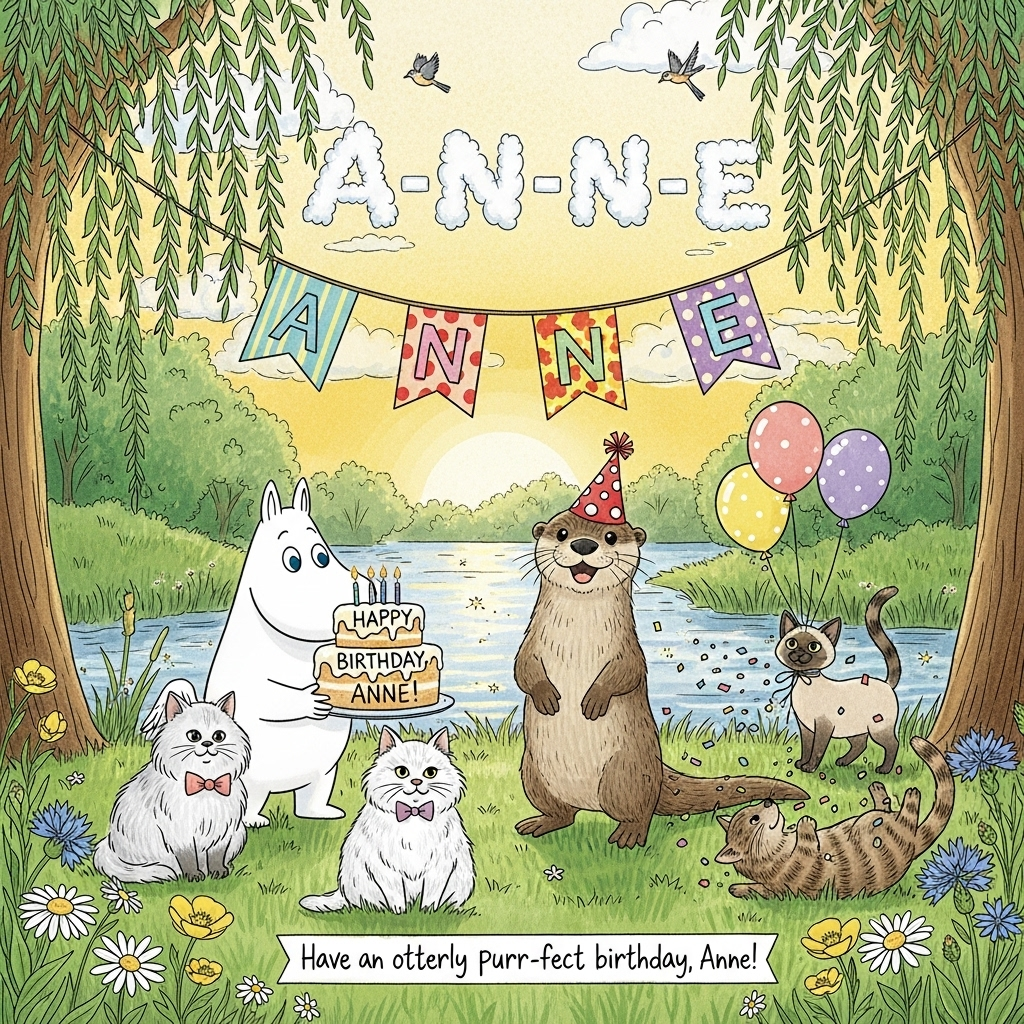 Hand-drawn, cute illustration in a whimsical riverside glade at golden hour: a sparkling river glimmers with tiny star-like reflections under dappled light from willow trees. Center stage, a charismatic otter wearing a polka-dotted party hat stands on its hind legs, beaming beside the water. To the otter’s left, a friendly Moomin character (round, white, and cheerful) holds a large, colorful birthday cake; on the cake, legible icing script reads: “Happy Birthday, Anne!” Surrounding them, three cats: a fluffy Persian with a tiny bow tie sitting primly; a spry Siamese batting a party balloon tied to its tail; and a playful tabby rolling on its back amidst confetti. Above, bunting strung between willow branches spells “ANNE,” each flag a different vibrant pattern (stripes, polka dots, checks, florals). In the sky, fluffy clouds subtly shape themselves into the letters “A–N–N–E.” Lush greenery, daisies, buttercups, and cornflowers frame the scene, while a few small birds flit overhead. Style: fine linework, textured watercolor/gouache brush strokes, subtle paper grain, balanced composition, warm expressive color palette (fresh greens, soft aquas, blush, saffron, coral, lavender). Portrait, full-bleed, charming storybook feel, crisp details, no watermark or signature. Include a small, playful hand-lettered caption at the bottom center: “Have an otterly purr-fect birthday, Anne!” (single line, neatly integrated, not covering main characters).
Generated with these themes: .
Made with ❤️ by AI.