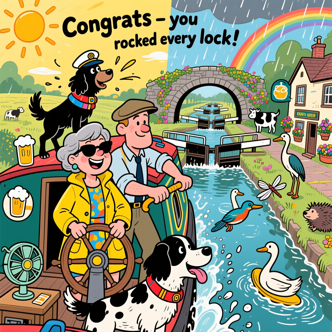 Playful Cartoon Style, thick black outlines, bright saturated colors, exaggerated proportions, funny, energetic mood: A jaunty narrowboat chugs along an English canal, the scene split whimsically between blazing summer heat and a dramatic downpour. On the tiller, a cheerful middle‑aged woman in a yellow raincoat over a summery outfit, sunglasses pushed up and a suncream stripe on her nose, grins as she steers. Her partner, sleeves rolled and flat cap askew, heroically cranks a big hand‑operated lock windlass with exaggerated motion lines and splashy gushes of water. On the bow, a black‑and‑white springer spaniel with feathery ears and a red life jacket leans forward, tongue out; on the cabin roof, a black cocker spaniel in a tiny skipper’s cap and life jacket, ears flapping. The canal foams through a lock; a comical procession of many lock gates recedes into the distance like an endless challenge. A classic stone bridge arches overhead with ivy and wildflowers. Countryside alive with wildlife: curious swans and ducks, a bright kingfisher mid‑dart, a gawky heron, dragonflies, a hedgehog on the towpath, and cows in a sunlit field. A cozy canal‑side pub sits in the background with flower baskets and a pictogram sign of a foaming pint. Weather gags: left side blazing sun with heat shimmer, a little desk fan on deck; right side fat raindrops, puddles splashing, and a playful rainbow bridging the two. Add silly touches like a duck surfing a ripple in armbands and the partner’s cap blown sideways. Low, wide‑angle view for drama; bold, flat shading and crisp linework. Include one short, hand‑lettered line curved across the sky: “Congrats — you two rocked every lock!”
Generated with these themes: Narrow boat adventure, and .
Made with ❤️ by AI.