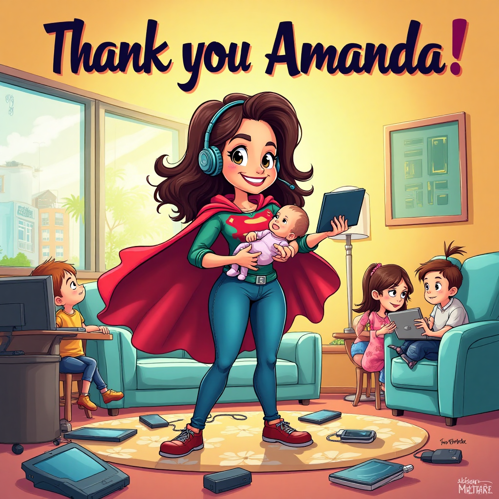 At the top of the Cartoon Style image, the text reads: "Thank you Amanda!"

---

**Image Prompt:**

Create a vibrant and playful cartoon scene depicting a super mom named Amanda. In the image, Amanda is multitasking with ease: she wears a superhero cape and a headset while managing multiple devices, showcasing her tech-savvy skills. Her other arm cradles a baby, embodying her nurturing super mom role. The background is a bright, cheerful room filled with gadgets, with happy children playing in the background. The scene is filled with exaggerated, energetic poses, bright saturated colors, and thick outlines. A small text caption within the image says: "Juggling Tech and Tots with Superpowers!"
Generated with these themes: Investing in technology and being a super mom, and .
Made with ❤️ by AI.