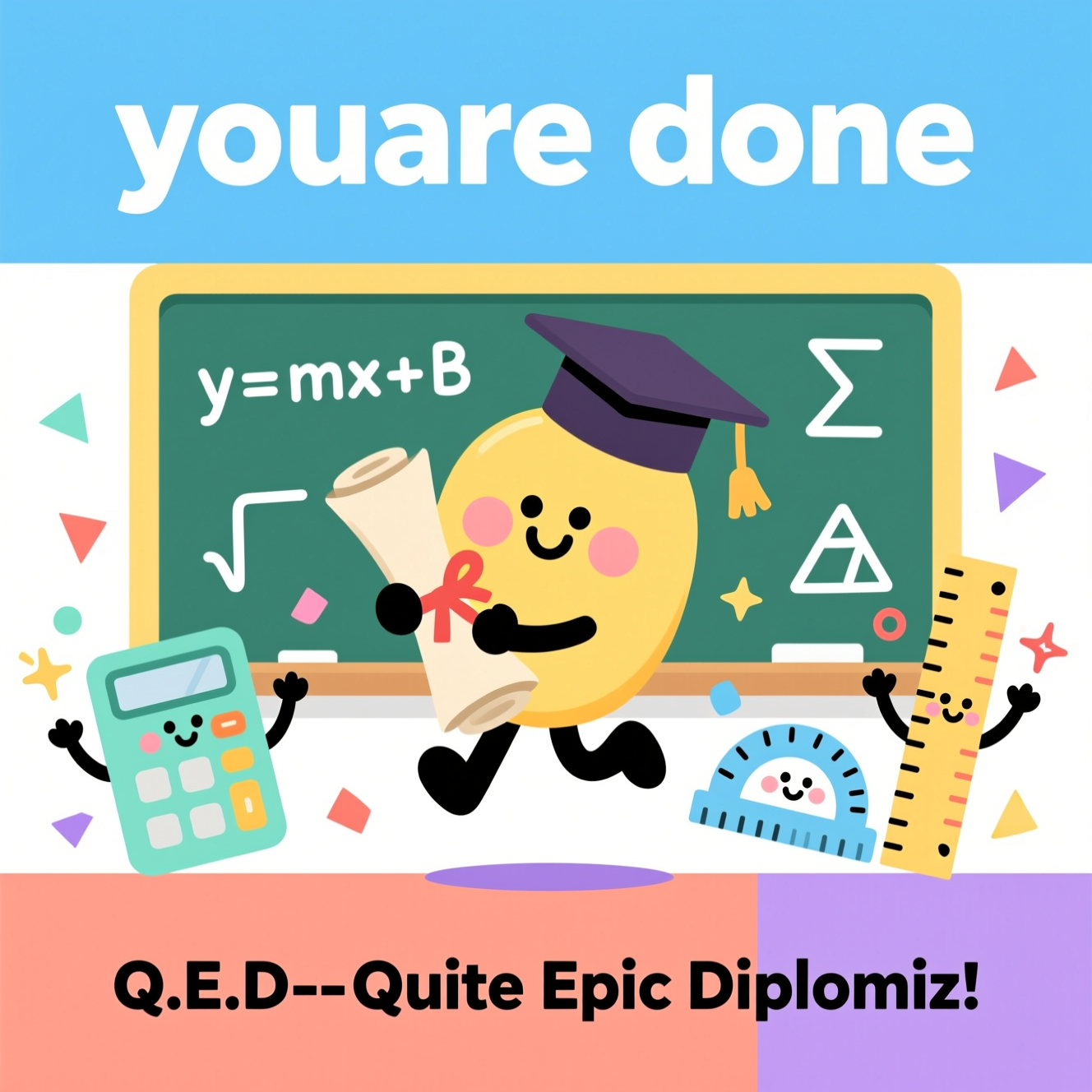 At the top of the Vector Style image, "youare done"

At the bottom of the image, "Q.E.D.—Quite Epic Diploma!"

- Center a cute, smiling pi (π) character hugging a tied diploma scroll, mid-leap, with a mortarboard cap popping off into the air. Give the pi soft cheeks, tiny eyebrows, and a joyful expression.
- Behind pi, a clean chalkboard panel with crisp white math doodles: y = mx + b, √, Σ, and tiny geometric shapes—kept subtle and minimal so they don’t compete with the text.
- Flanking pi: a cheerful calculator, a blushing protractor, and a friendly ruler—each with tiny faces and waving hands, tossing confetti triangles and circles.
- Color palette: sky blue, sunshine yellow, mint, coral, and lavender on a soft off-white background; solid color blocks with crisp, uniform strokes; minimal or no gradients; subtle shadow separations only.
- Typography: bold, rounded sans-serif. Make the headline large and centered at the top; the punchline smaller and confident at the bottom. Keep ample negative space around both lines for clarity.
- Overall vibe: clean flat-vector, modern, cute, celebratory; precise lines, balanced composition, playful geometric confetti and star-sparkles to emphasize the “graduating math whiz” theme.
Generated with these themes: Learning maths graduating, and .
Made with ❤️ by AI.