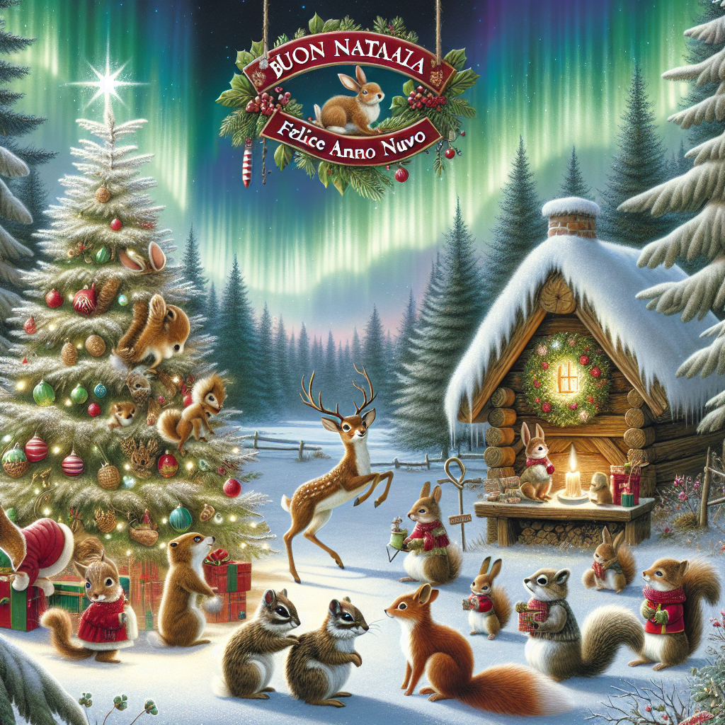 An adorable group of woodland creatures decorating a Christmas tree in a frosty forest clearing. The Allianz logo is playfully displayed as a sign on Santa's workshop, which is part of the charming backdrop. Above the scene, the Northern Lights illuminate the sky, with the text 'Buon Natale e Felice Anno Nuovo - Alessandro Brandoni' written as if by magic in the shimmering light.
Generated with these themes: ALLIANZ.
Made with ❤️ by AI.