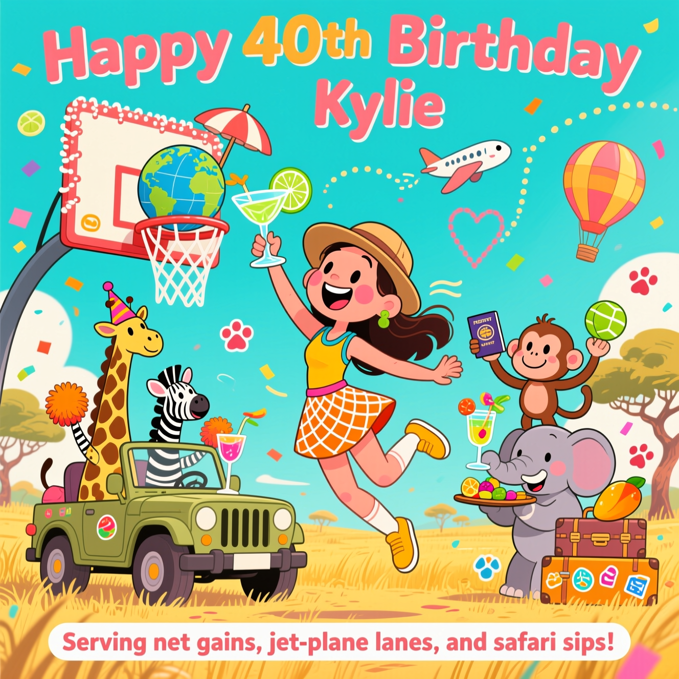 At the top of the Cartoon Style image, "Happy 40th Birthday Kylie"

At the bottom of the image, add "Serving net gains, jet-plane lanes, and safari sips!"

Create a cute, high-energy cartoon scene:
- Center stage, a playful heroine in a bright netball dress and safari hat leaps mid-air to shoot a globe-patterned netball into a giant cocktail-glass hoop (sugar-rimmed with a tiny umbrella and lime wedge). Exaggerated proportions, big smile, rosy cheeks, thick outlines, and dynamic motion lines.
- The hoop is mounted on a bouncy safari jeep, where a giraffe in a party hat peers over the windshield, a zebra cheers with pom-poms, and an elephant balances a tray of colorful cocktails with fruit garnishes. A cheeky monkey waves a passport and holds a tiny netball.
- Travelling vibes swirl through the sky: a cute airplane traces a dotted, heart-shaped flight path, a hot-air balloon drifts by, and a stack of suitcases with fun travel stickers sits near the jeep. Golden savannah grasses and acacia trees frame the background.
- Confetti shaped like tiny netballs, cocktail umbrellas, and paw prints floats everywhere. Bright saturated palette: coral, aqua, lime, mango, and sunshine yellow with soft shading and bold, thick outlines.
- Ensure the top headline is big and bubbly and the bottom punchline sits on a playful ribbon or speech-bubble stripe, both clean and legible against the cheerful background.
Generated with these themes: Netball, cocktails, travelling, safari , and .
Made with ❤️ by AI.